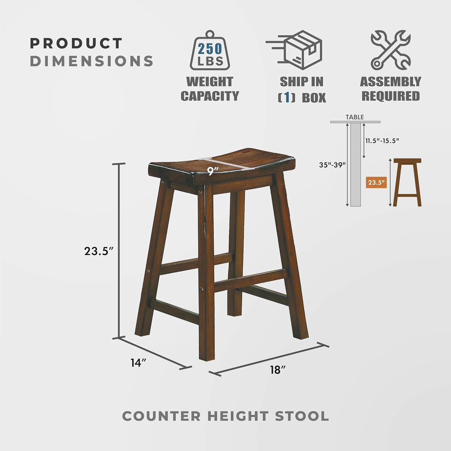 Lexicon Finnian Saddle Solid Wood Counter Height Stool Set of 2 - Saddle Kitchen Stool Dining Height Stools for Dining, Armless Counter Chair Seating, Perfect Casual - 23.5" SH Distressed Cherry