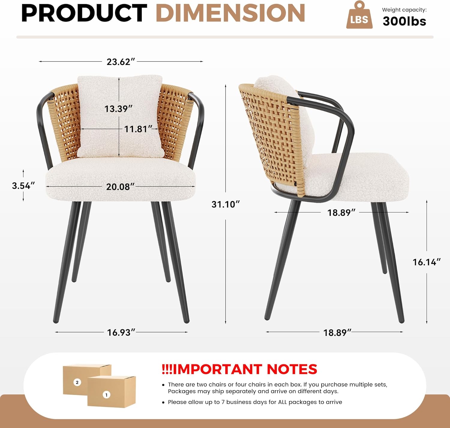 Rattan Dining Chairs Set of 4, Modern Upholstered Kitchen Chair with Metal Legs, Ergonomic Curved Backrest, Mid Century Living Room Chairs with Throw Pillow, Natural