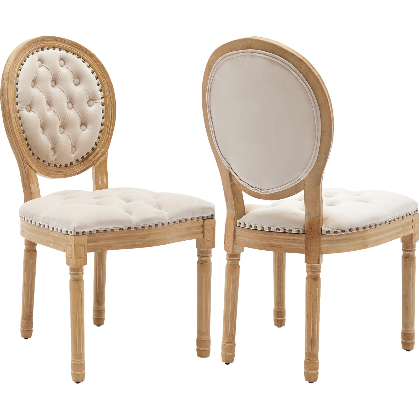 Vintage French Rattan Dining Chairs Set of 4, Solid Wood Frame with Round Rattan Back and Linen Upholstered Seat, Farmhouse Accent Sillas de Comedor Side Chairs for Dining Room & Kitchen, Beige