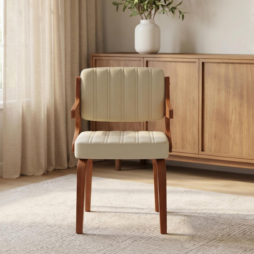 Dining Chairs Set of 1, Mid-Century Modern Upholstered PU Leather Kitchen Chair, Hanging Handrails, Walnut Bentwood Legs and Faux Leather Sponge Back for Kitchen Dining Room Living Room, Beige