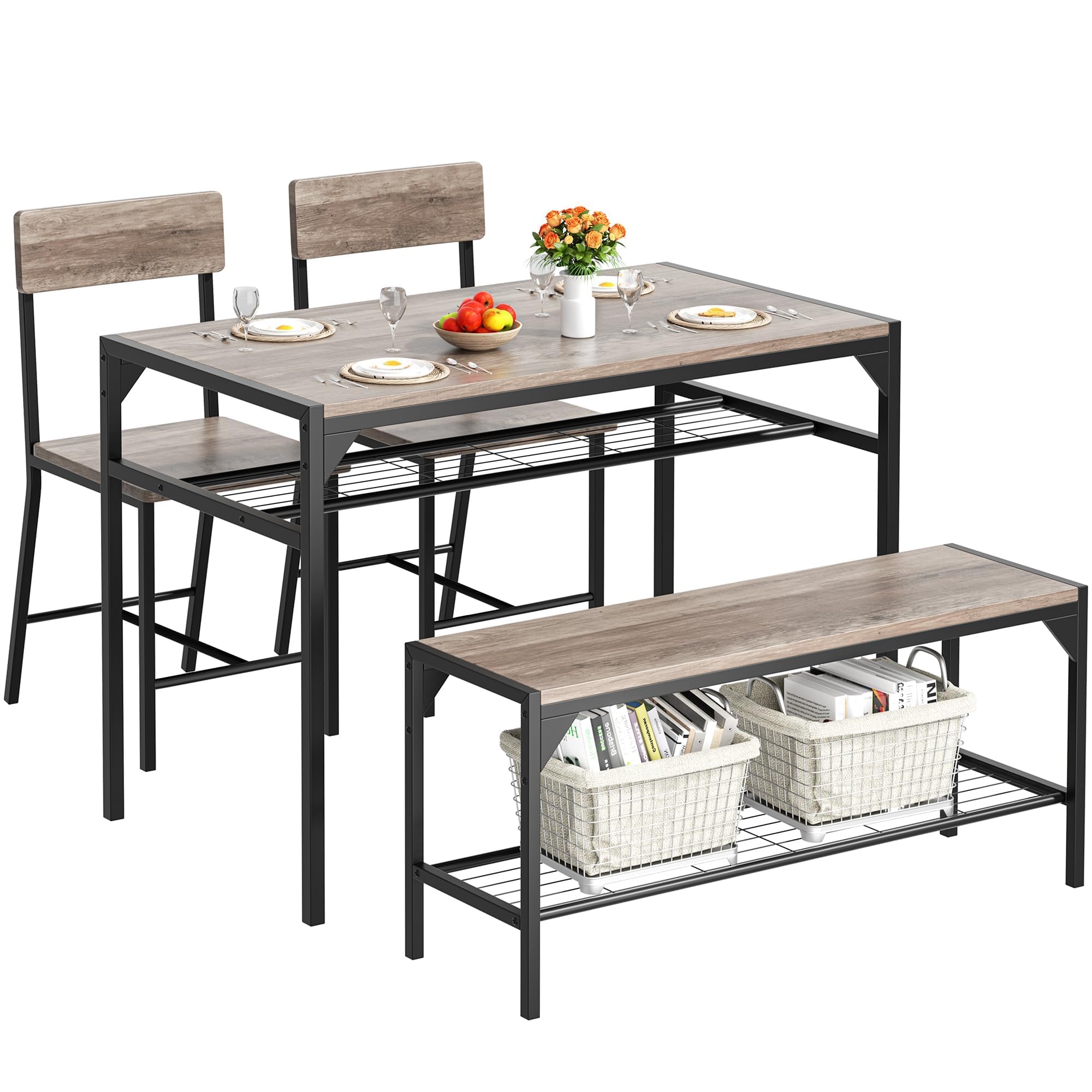 Shintenchi Kitchen Table Chairs Set of 4, Dining Table Set for 4 with Bench and Chairs, 4 Pieces Kitchen Table Set with Storage Rack & Metal Frame for Small Space, Solid Black