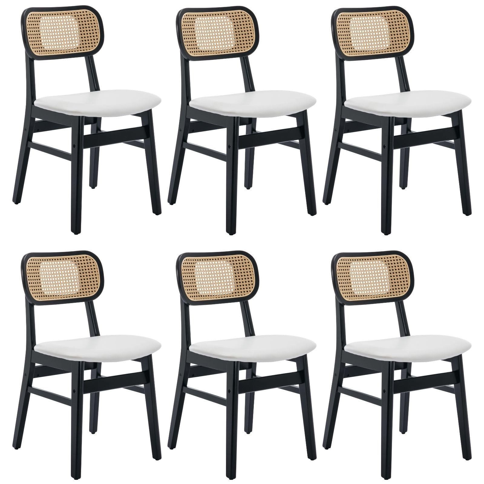 ROCITY Rattan Dining Chairs Set of 2 White Faux Leather Dining Room Chairs Natural Wooden Kitchen Chairs Farmhouse Side Chairs