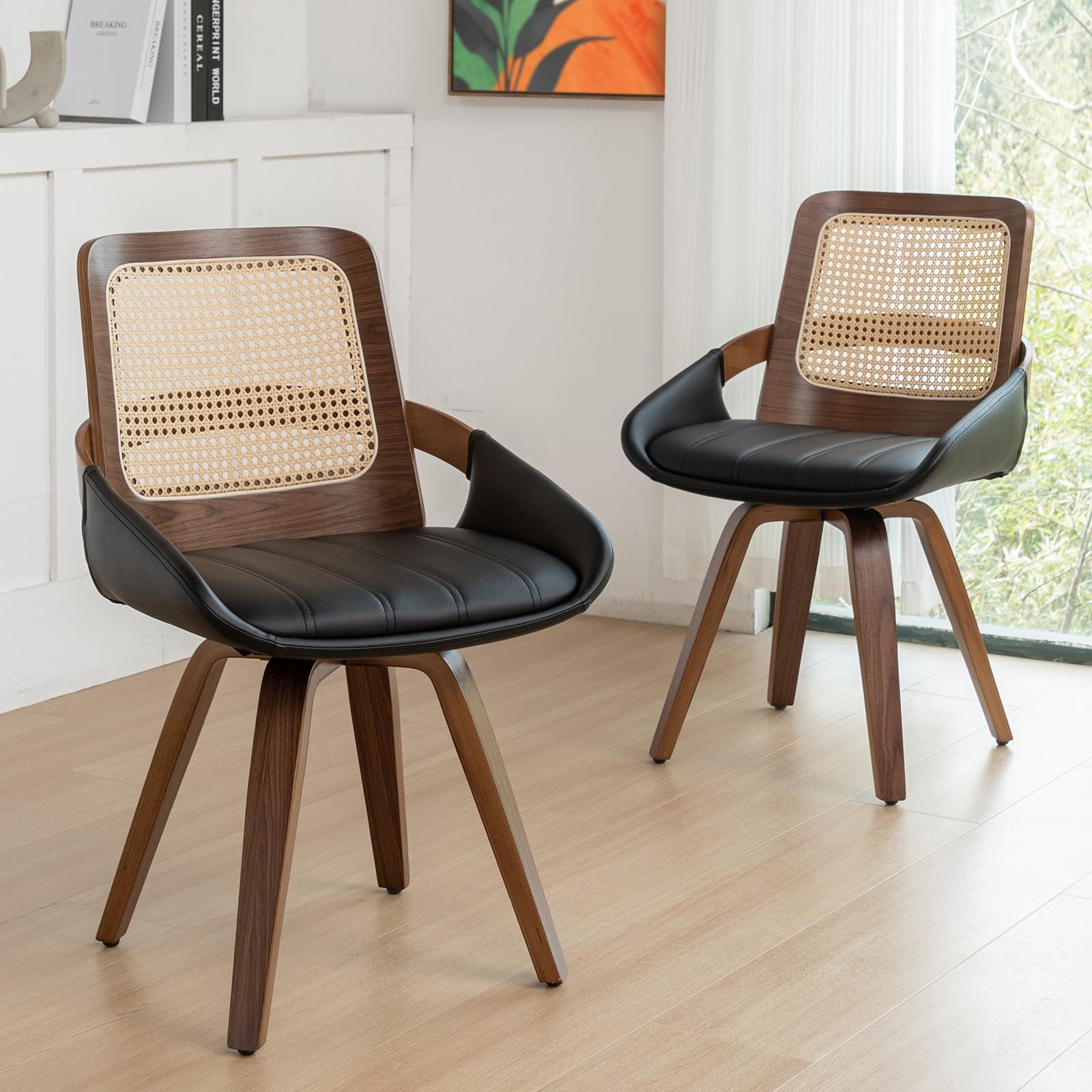 Set of 2 Green Rattan Dining Chairs - Mid Century Modern Dining Chairs with Walnut Bentwood Frame, Ergonomic Rattan Back, Curved Arms, Versatile for Living Room/Conference/Kitchen (Walnut Green)