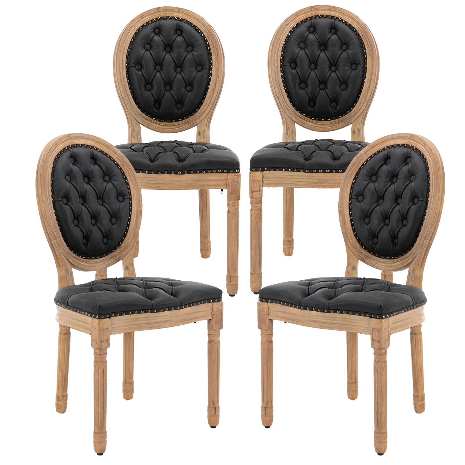 French Country Dining Chairs Set of 4，Fabric Upholstered Dining Chair with Round Back and Solid Leg, Rattan Kitchen Chairs for Dining Room, Living Room, Kitchen, Olive Green