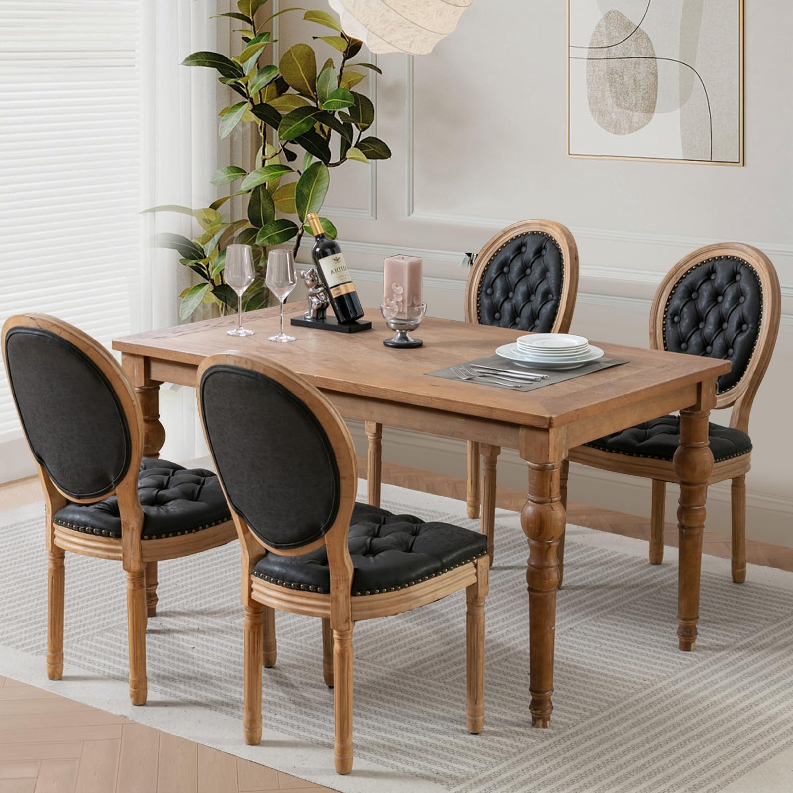 Rattan Back Upholstered Dining Chairs Set of 4 French Country Oval Kitchen Side Chairs with Wood Legs for Dining Room, Kitchen, Restaurant(Beige-Rattan)