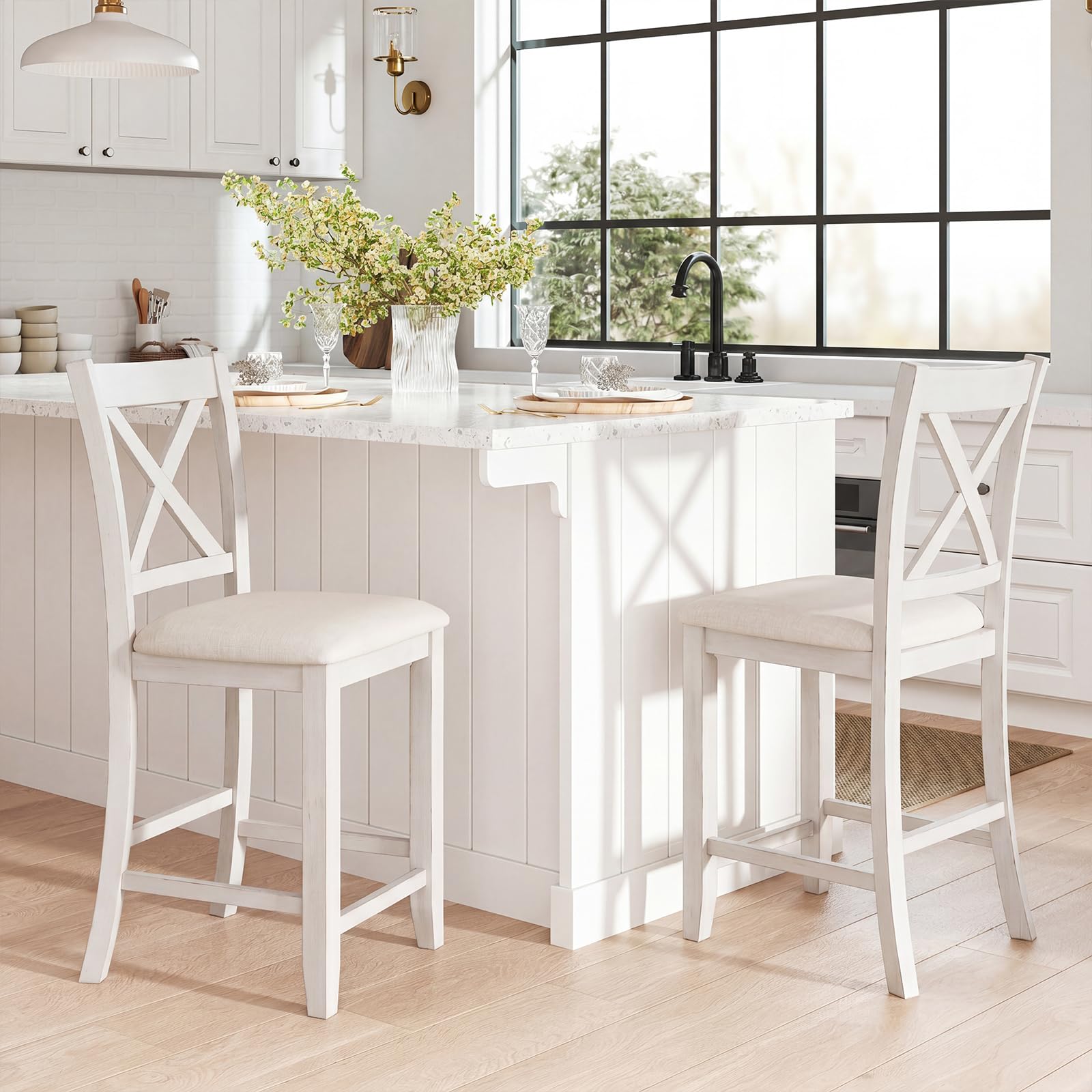Giantex 24" Bar Stools Set of 4, Farmhouse Counter Height Barstools w/Footrest, Cross Back, Comfortable Linen Cushion, Upholstered Wood Bar Chairs for Kitchen Island Dining Room Cafe, Walnut & Beige