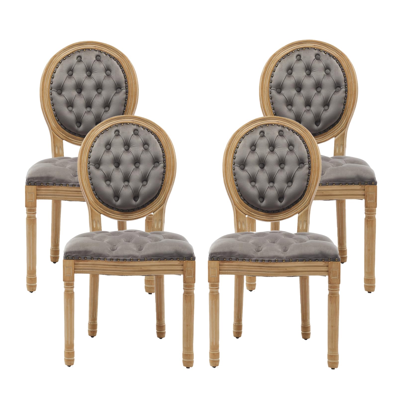 French Country Dining Chairs Set of 4，Fabric Upholstered Dining Chair with Round Back and Solid Leg, Rattan Kitchen Chairs for Dining Room, Living Room, Kitchen, Olive Green