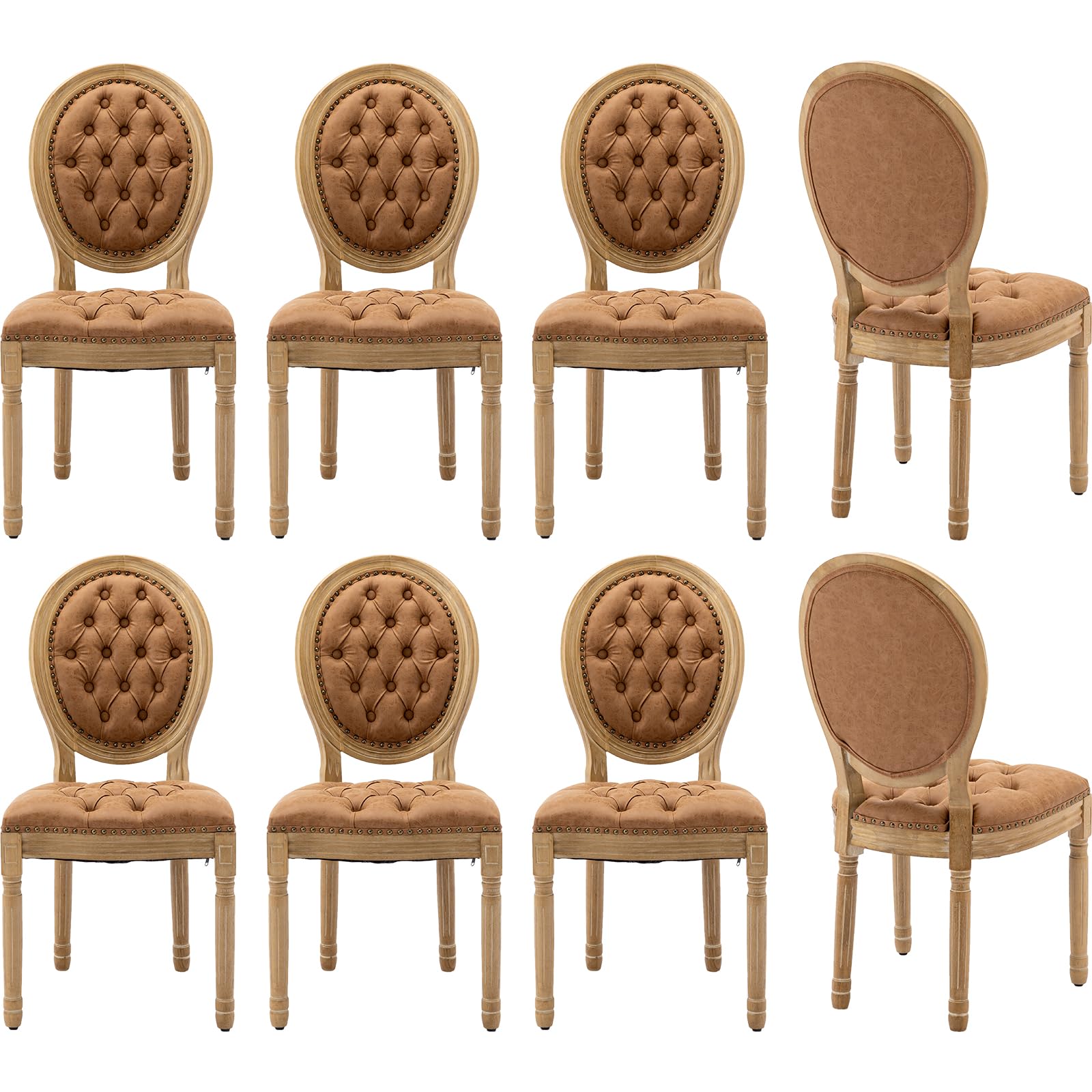 Vintage French Rattan Dining Chairs Set of 4, Solid Wood Frame with Round Rattan Back and Linen Upholstered Seat, Farmhouse Accent Sillas de Comedor Side Chairs for Dining Room & Kitchen, Beige