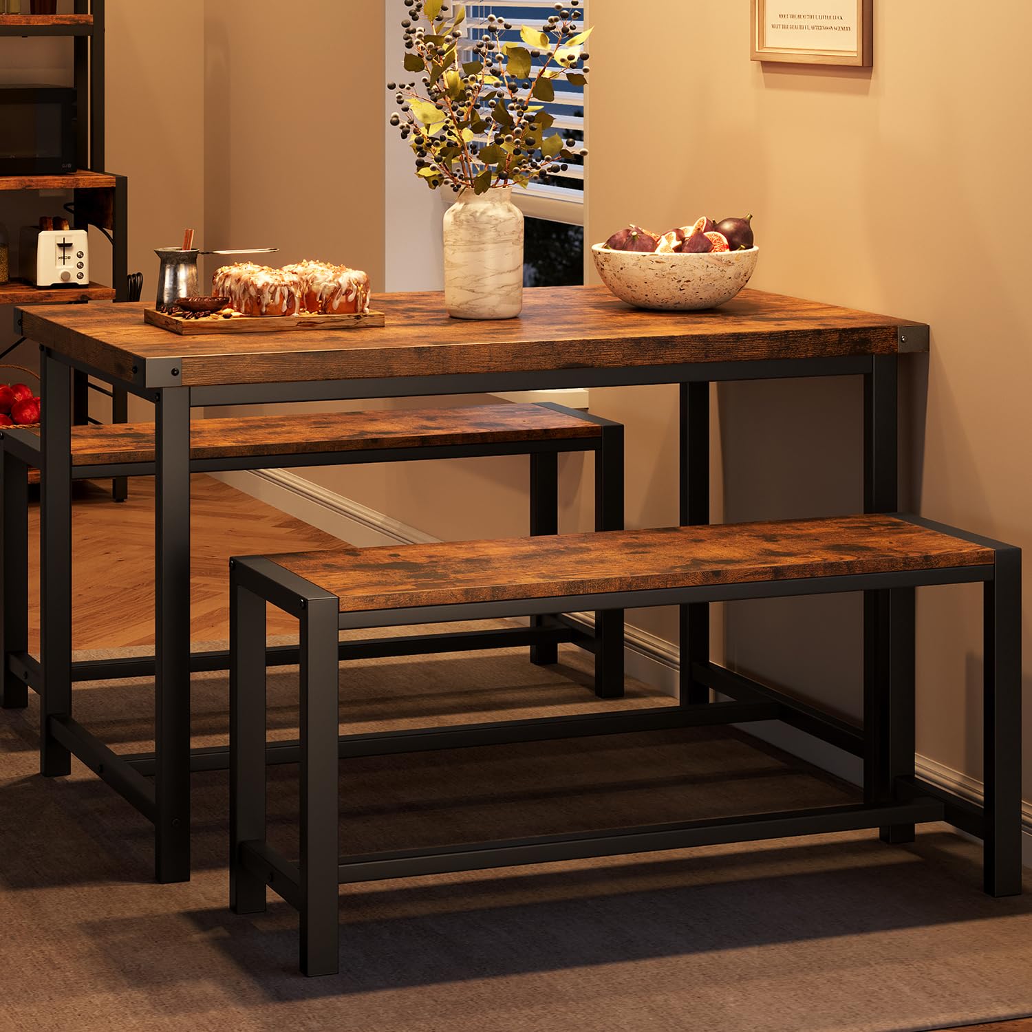 IDEALHOUSE Dining Table Set for 4, Kitchen Table with Benches, Rectangular Dining Room Table Set with 2 Metal Wood Benches, 3 Piece Dining Table Set for Small Space, Apartment, Dinette, Retro Gray