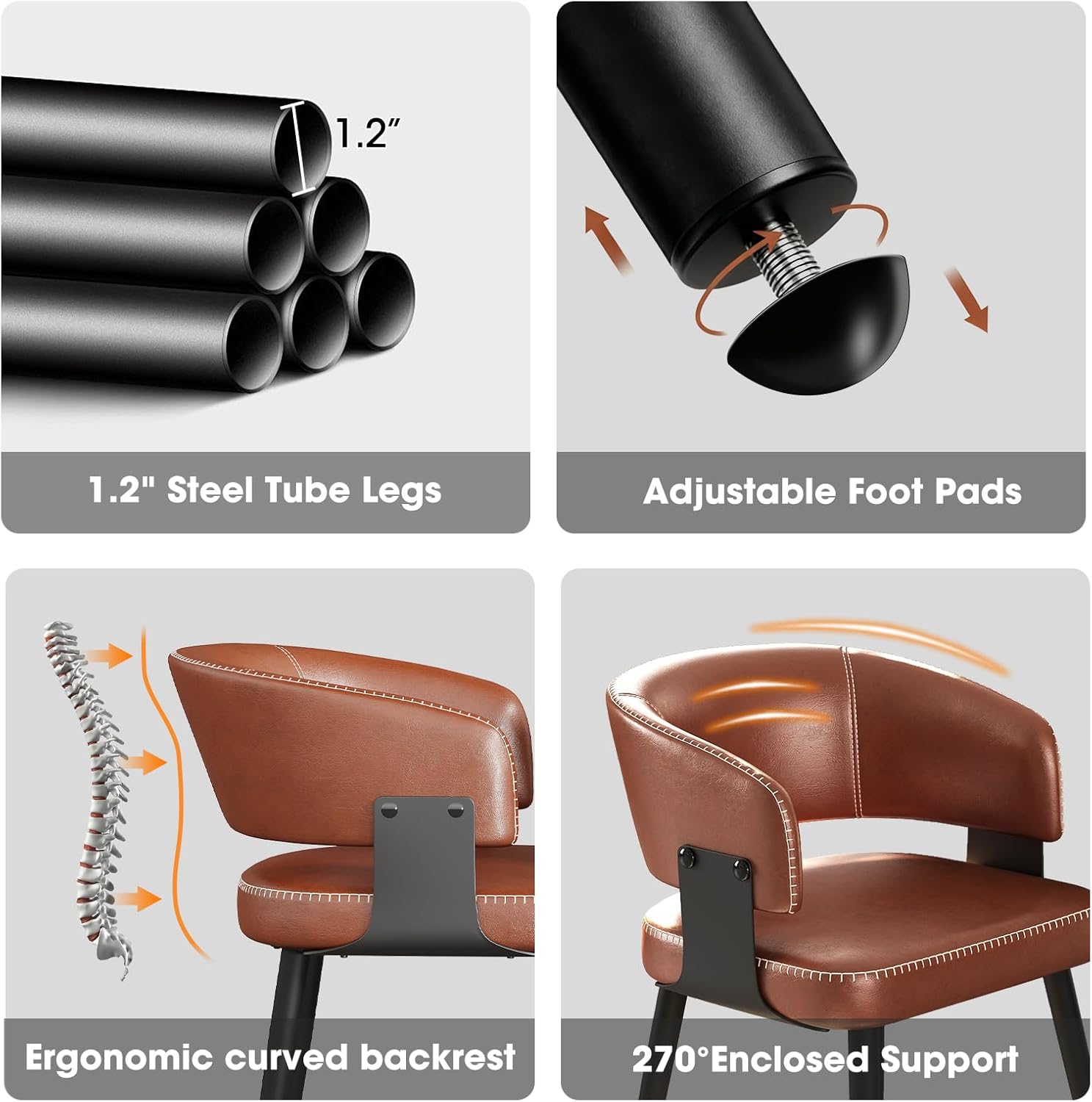Dining Chairs Set of 4, Modern Upholstered PU Leather Kitchen & Dining Room Chairs with Curved Open Back Metal Legs, Kitchen Chairs for Dining Room Restaurant (Vintage Brown, Set of 4)