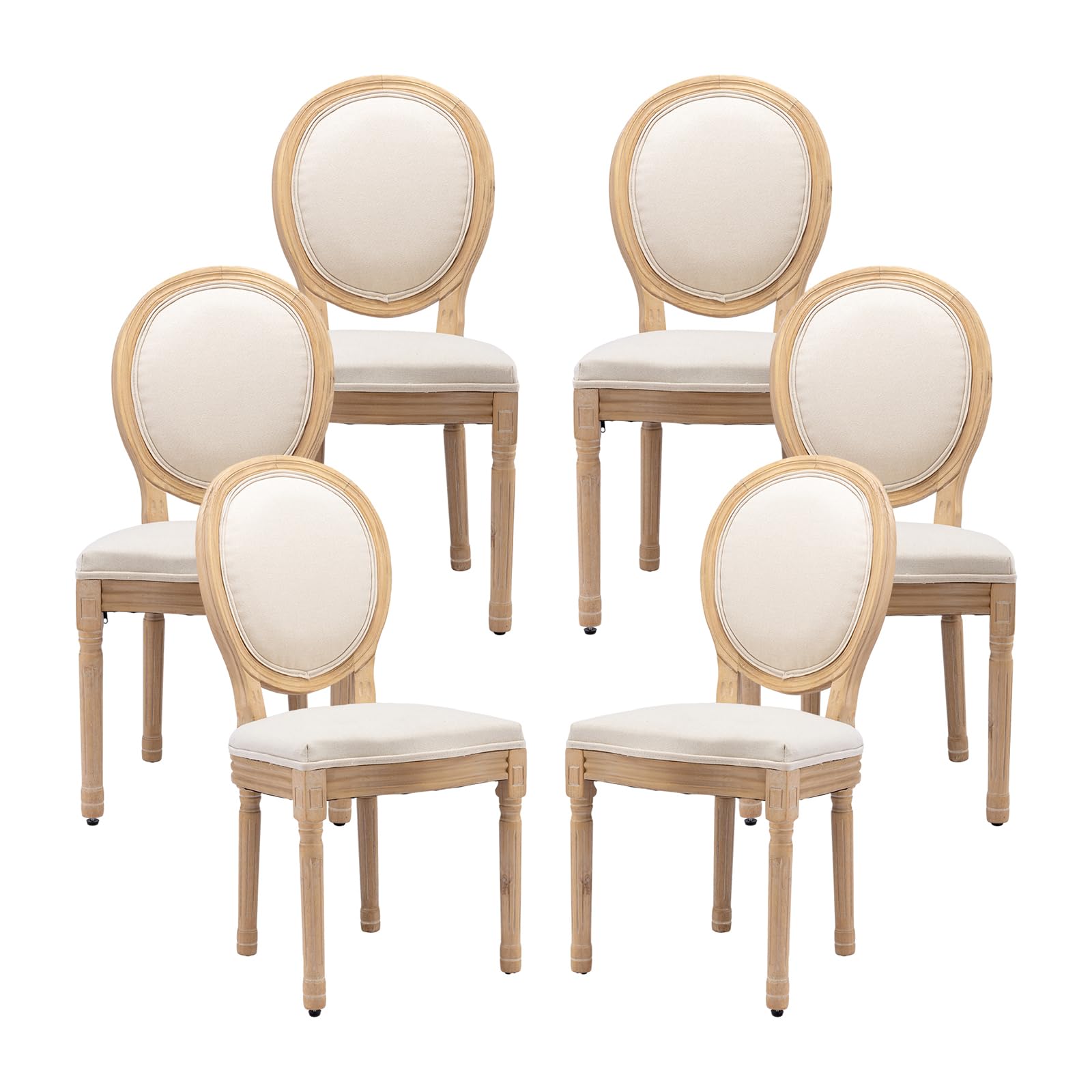 Vintage French Rattan Dining Chairs Set of 4, Solid Wood Frame with Round Rattan Back and Linen Upholstered Seat, Farmhouse Accent Sillas de Comedor Side Chairs for Dining Room & Kitchen, Beige