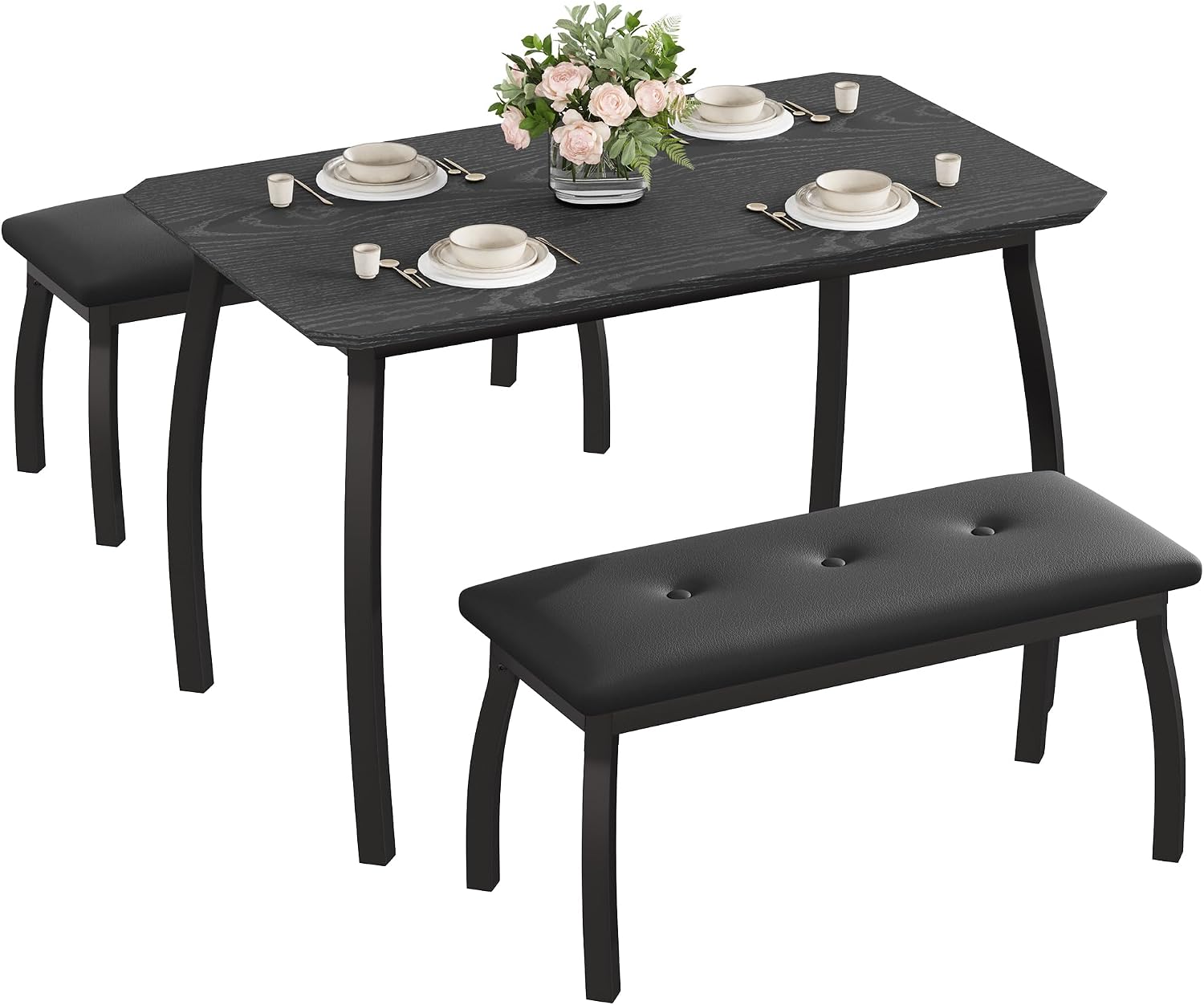 Garvee Dining Table for 4, 3-Piece Kitchen Table Set with Wooden Tabletop and Metal Frame, Industrial Retro Kitchen Table with 2 PU Leather Benches for Bar, Dining Room, Restaurant-Black