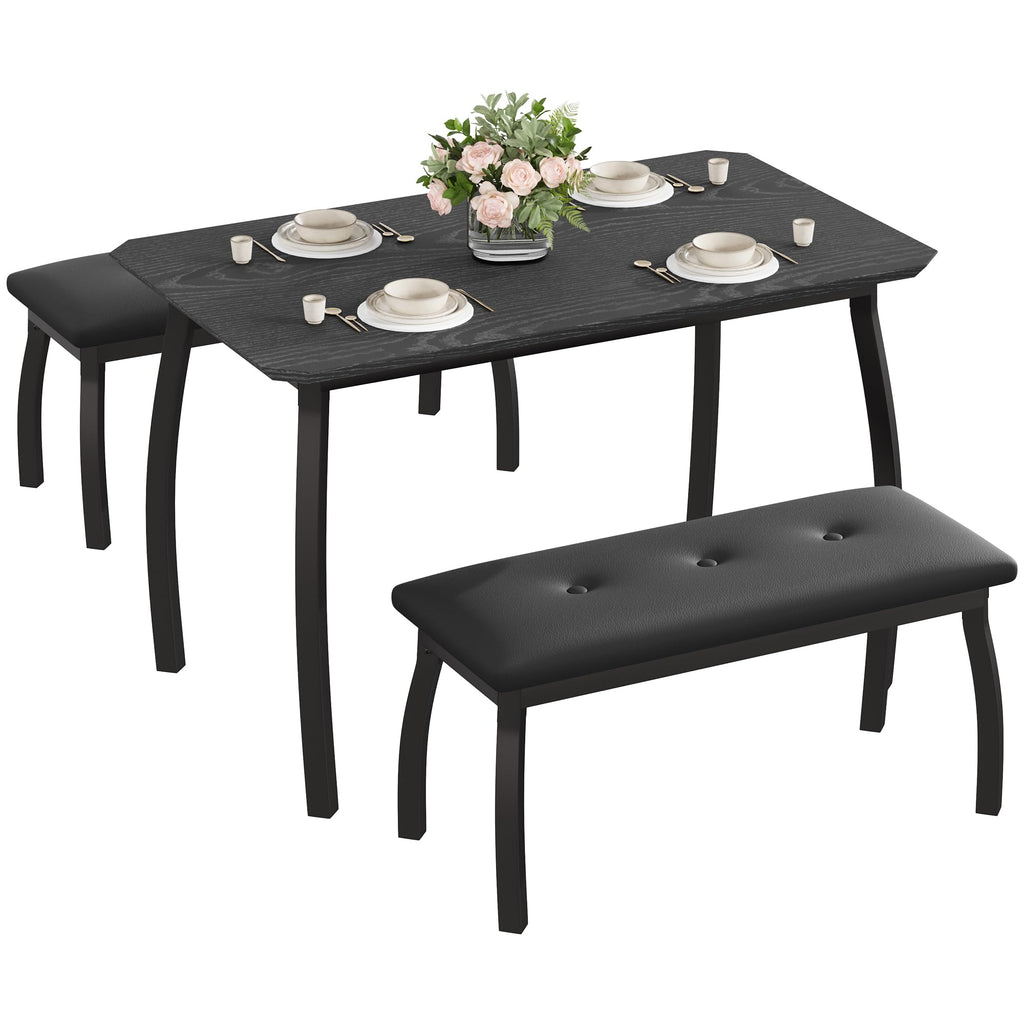Garvee Dining Table for 4, 3-Piece Kitchen Table Set with Wooden Tabletop and Metal Frame, Industrial Retro Kitchen Table with 2 PU Leather Benches for Bar, Dining Room, Restaurant-Black