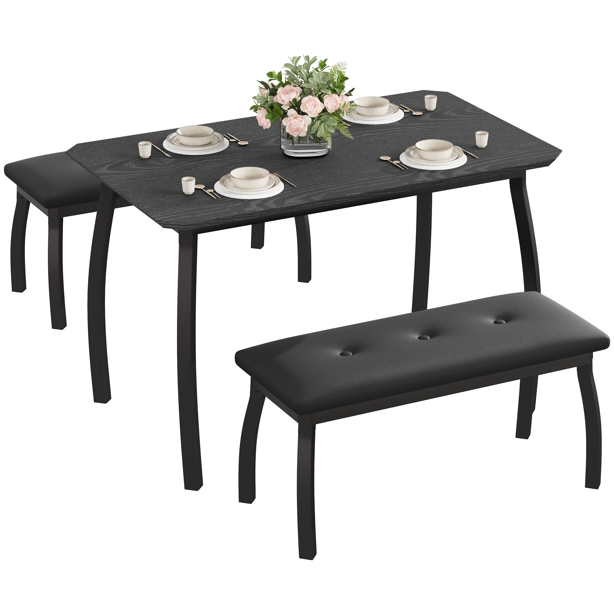 Garvee Dining Table for 4, 3-Piece Kitchen Table Set with Wooden Tabletop and Metal Frame, Industrial Retro Kitchen Table with 2 PU Leather Benches for Bar, Dining Room, Restaurant-Black