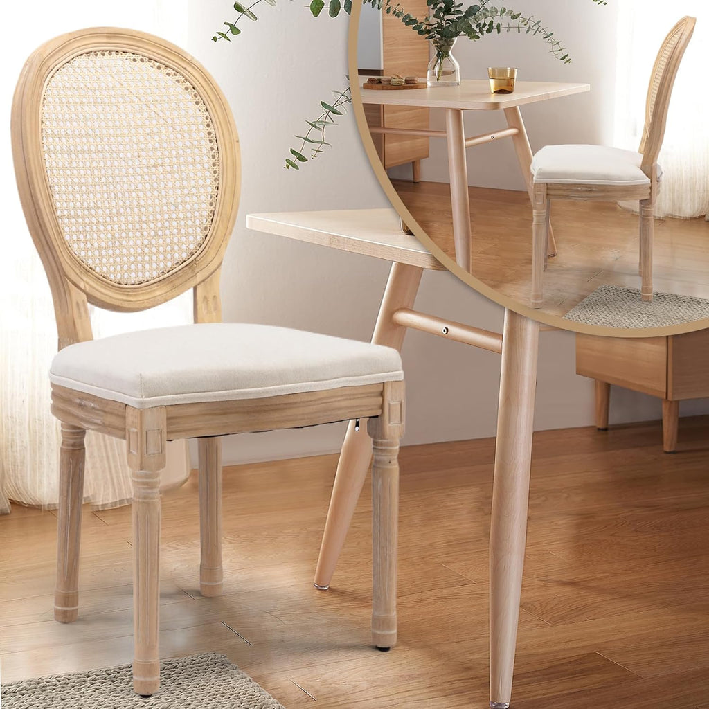 Rattan Back Upholstered Dining Chairs Set of 4 French Country Oval Kitchen Side Chairs with Wood Legs for Dining Room, Kitchen, Restaurant(Beige-Rattan)
