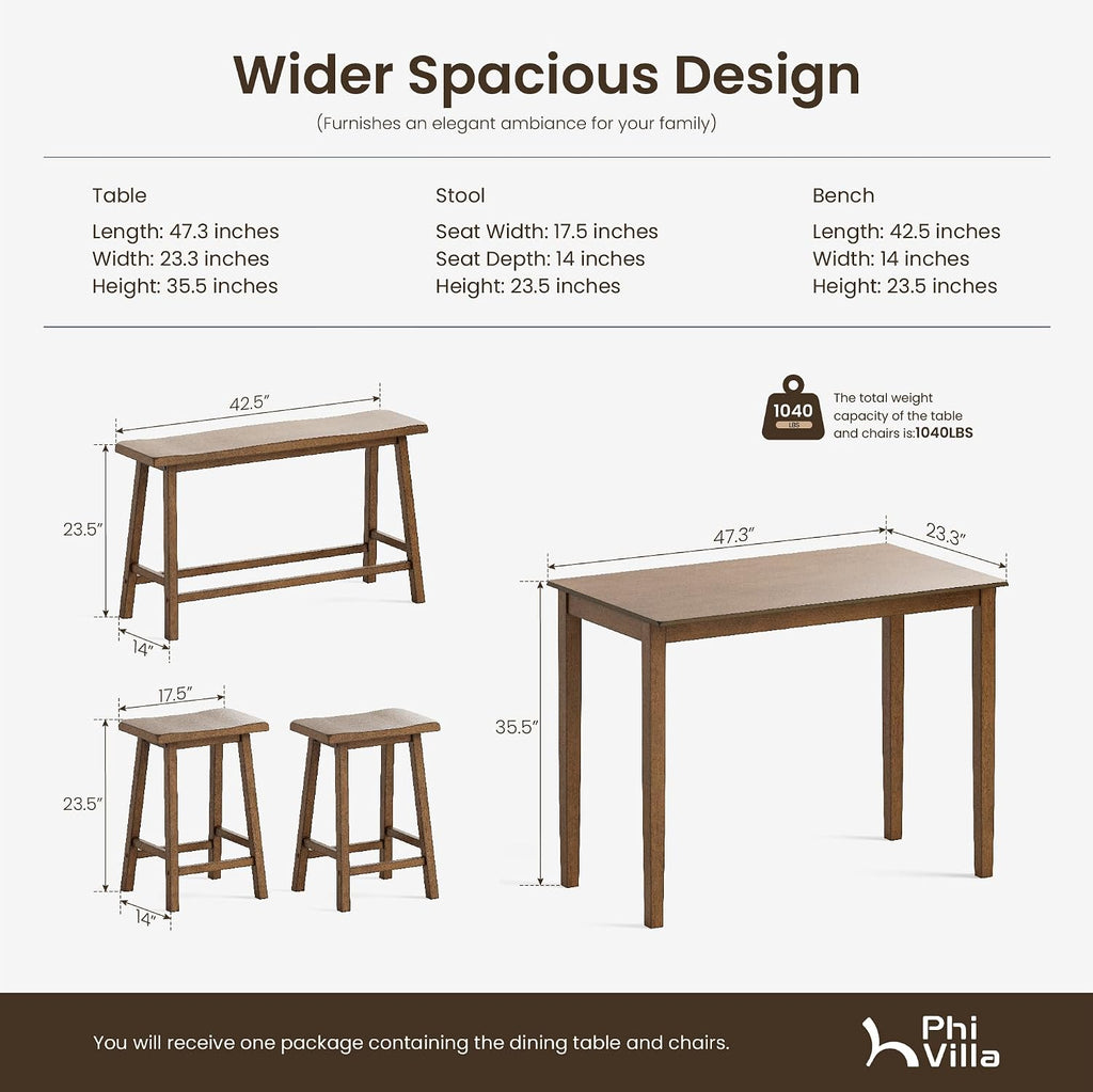 PHI VILLA Farmhouse Dining Table Set for 4 Small Space, Counter Height Table and Chairs with Bench, Rustic Solid Wood High Top Kitchen Table Set for Dining Room and Kitchen, Rustic Caramel Brown
