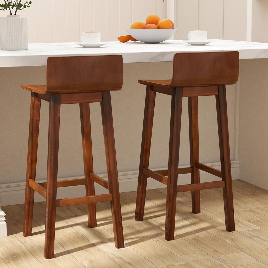 COSTWAY Solid Wood Bar Stools Set of 2, 29-inch Counter Height Chairs with Low Back and Footrest, Farmhouse Wooden Armless Barstools for Kitchen Island, Dining Room, Cafe, Breakfast, Brown