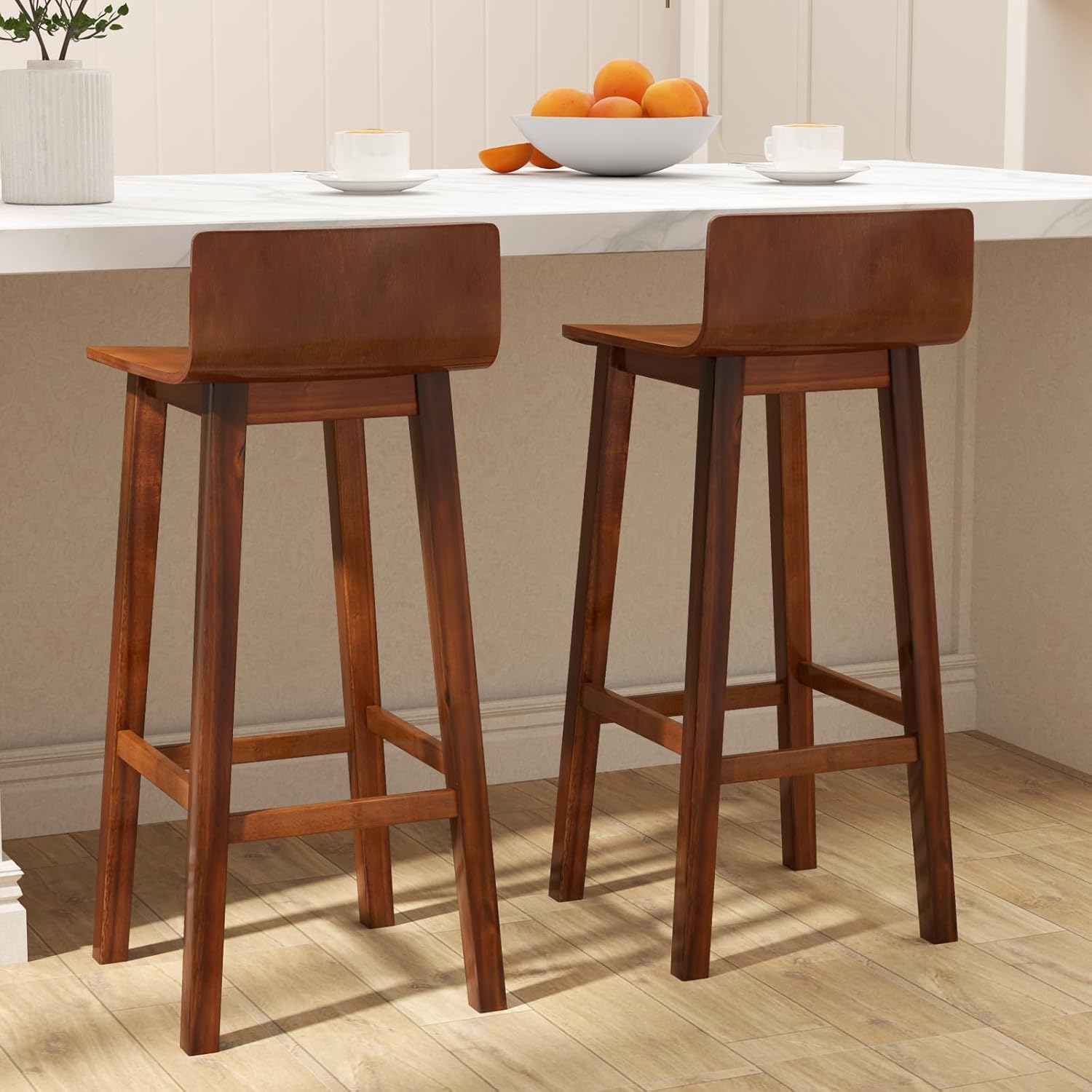 COSTWAY Solid Wood Bar Stools Set of 2, 29-inch Counter Height Chairs with Low Back and Footrest, Farmhouse Wooden Armless Barstools for Kitchen Island, Dining Room, Cafe, Breakfast, Brown
