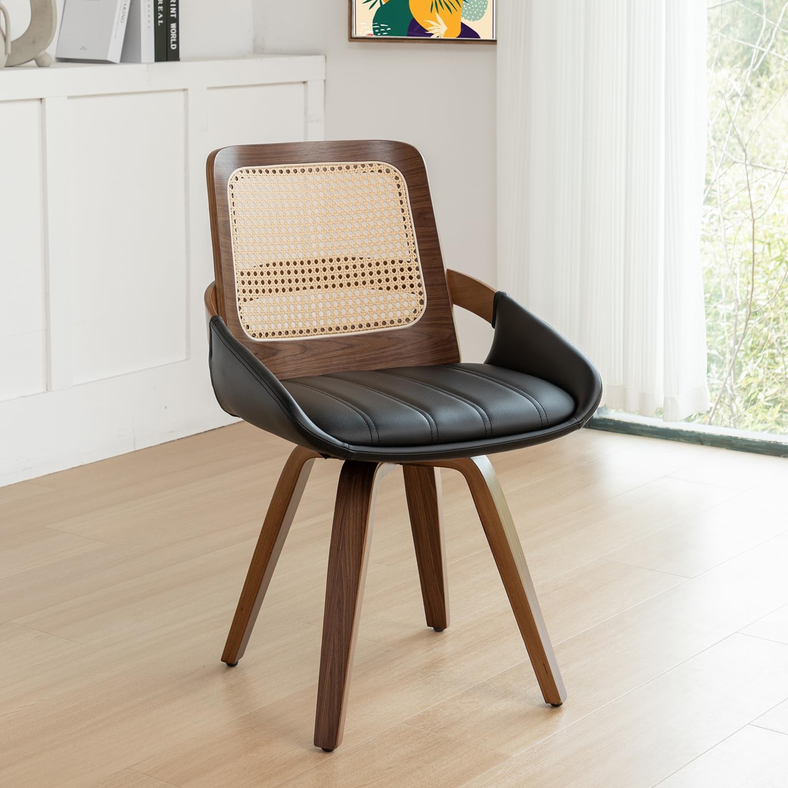 Set of 2 Green Rattan Dining Chairs - Mid Century Modern Dining Chairs with Walnut Bentwood Frame, Ergonomic Rattan Back, Curved Arms, Versatile for Living Room/Conference/Kitchen (Walnut Green)