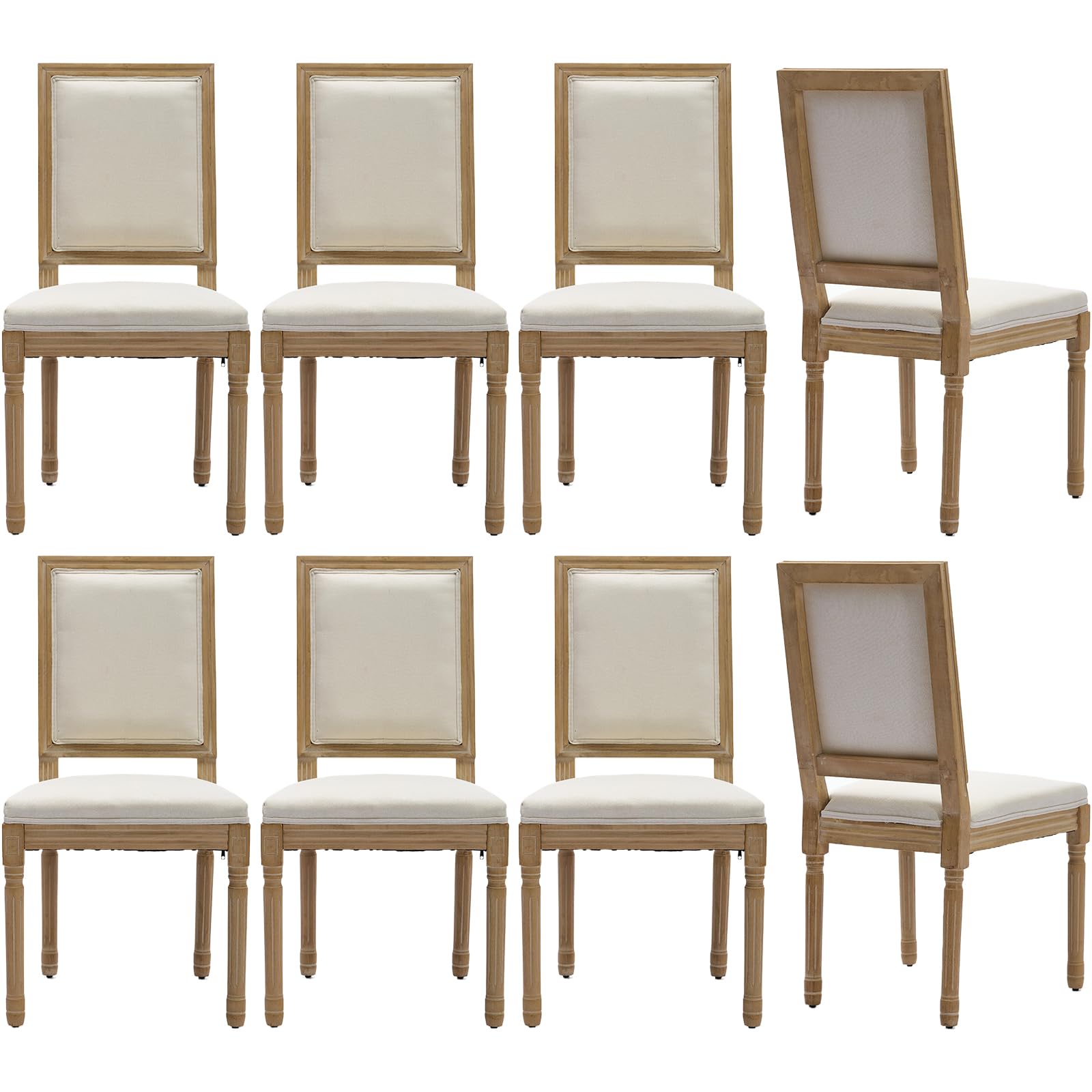 Vintage French Rattan Dining Chairs Set of 6, Square Back Side Chairs with Rattan Backrest, Upholstered Linen Seat and Solid Wood Frame, Sillas de Comedor for Dining Room & Kitchen, Dark Gray
