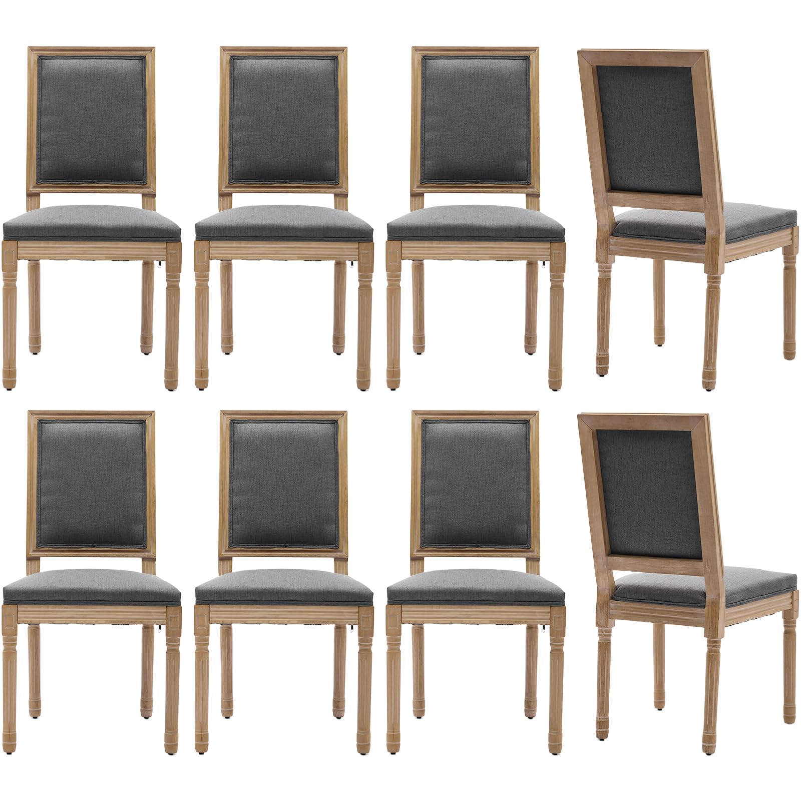 Vintage French Rattan Dining Chairs Set of 6, Square Back Side Chairs with Rattan Backrest, Upholstered Linen Seat and Solid Wood Frame, Sillas de Comedor for Dining Room & Kitchen, Dark Gray