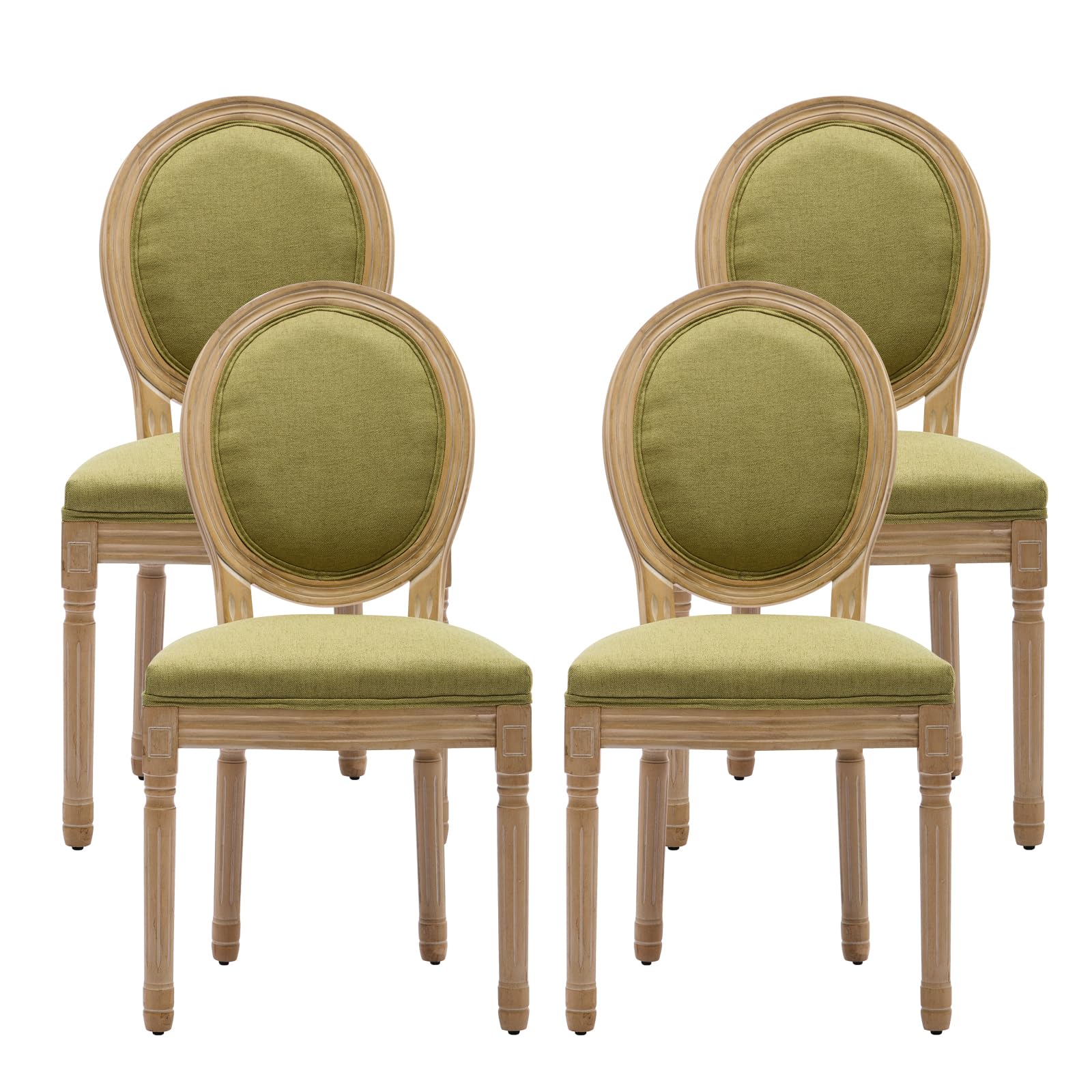 French Country Dining Chairs Set of 4，Fabric Upholstered Dining Chair with Round Back and Solid Leg, Rattan Kitchen Chairs for Dining Room, Living Room, Kitchen, Olive Green