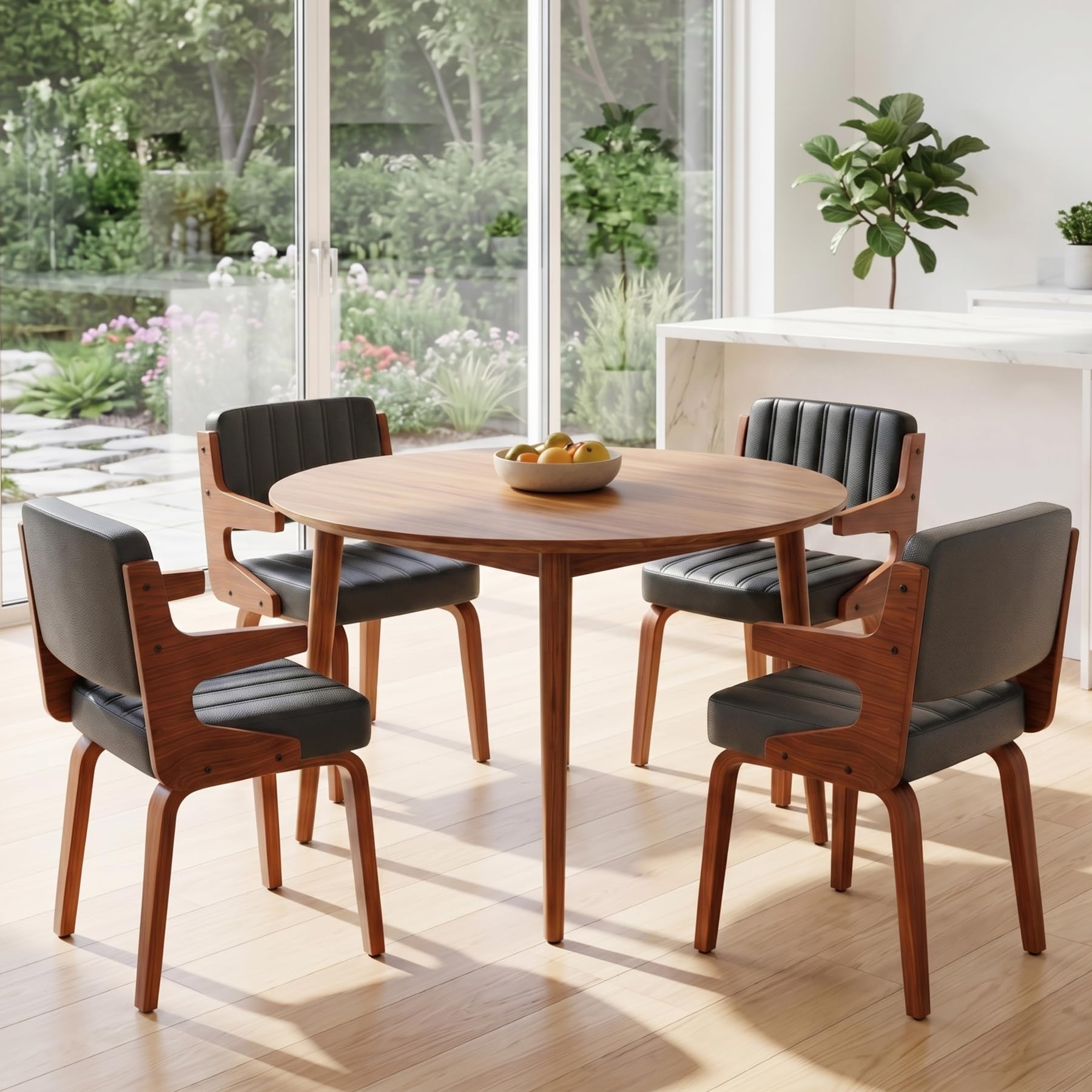Dining Chairs Set of 1, Mid-Century Modern Upholstered PU Leather Kitchen Chair, Hanging Handrails, Walnut Bentwood Legs and Faux Leather Sponge Back for Kitchen Dining Room Living Room, Beige