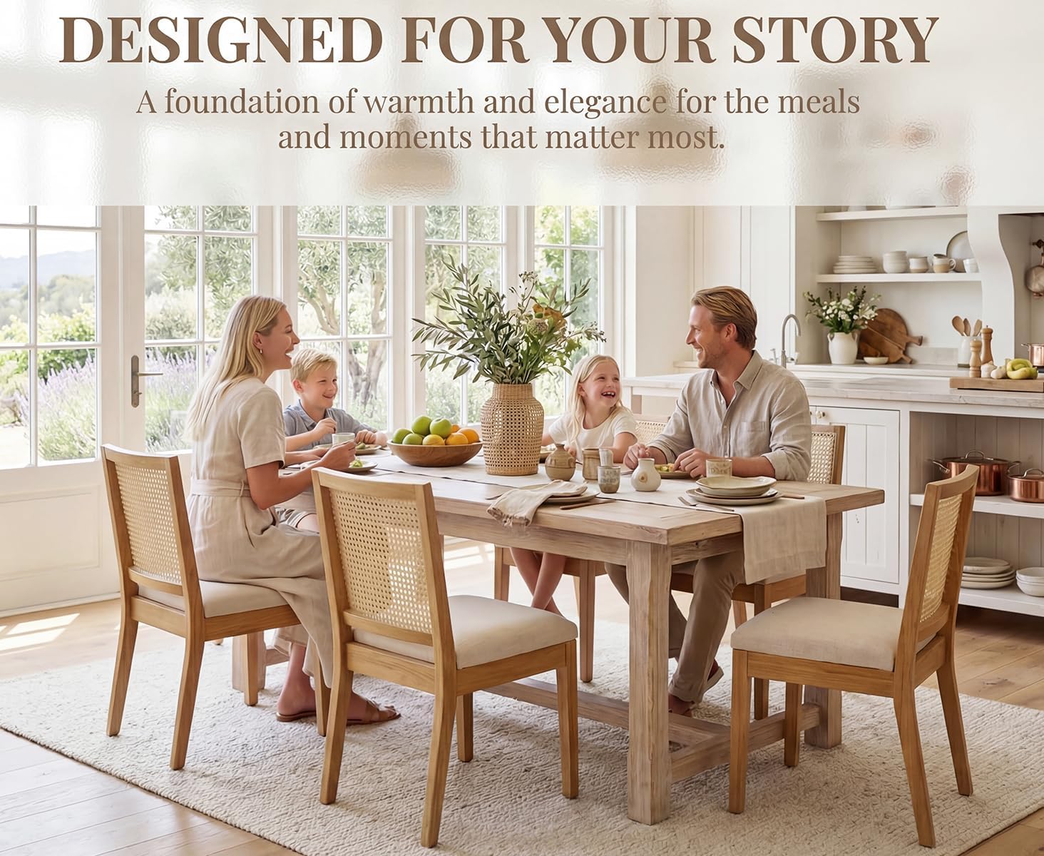 HNY Farmhouse Rattan Dining Chairs Set of 4, Natural Solid Hardwood Frame, Upholstered Linen Seat, Ergonomic Cane Back Dining Room Chairs for Kitchen, Dining Room, Apartment, Beige