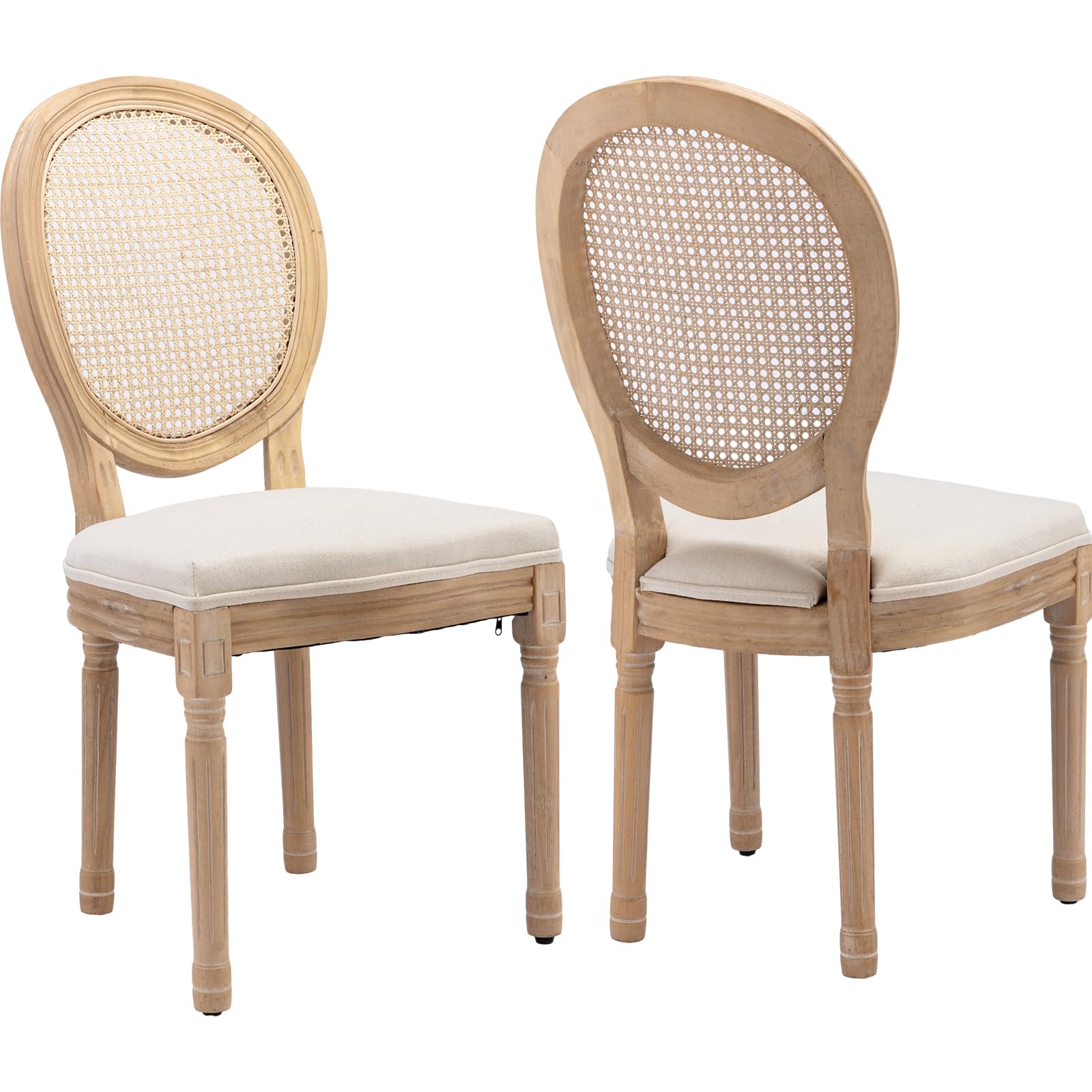 Vintage French Rattan Dining Chairs Set of 4, Solid Wood Frame with Round Rattan Back and Linen Upholstered Seat, Farmhouse Accent Sillas de Comedor Side Chairs for Dining Room & Kitchen, Beige