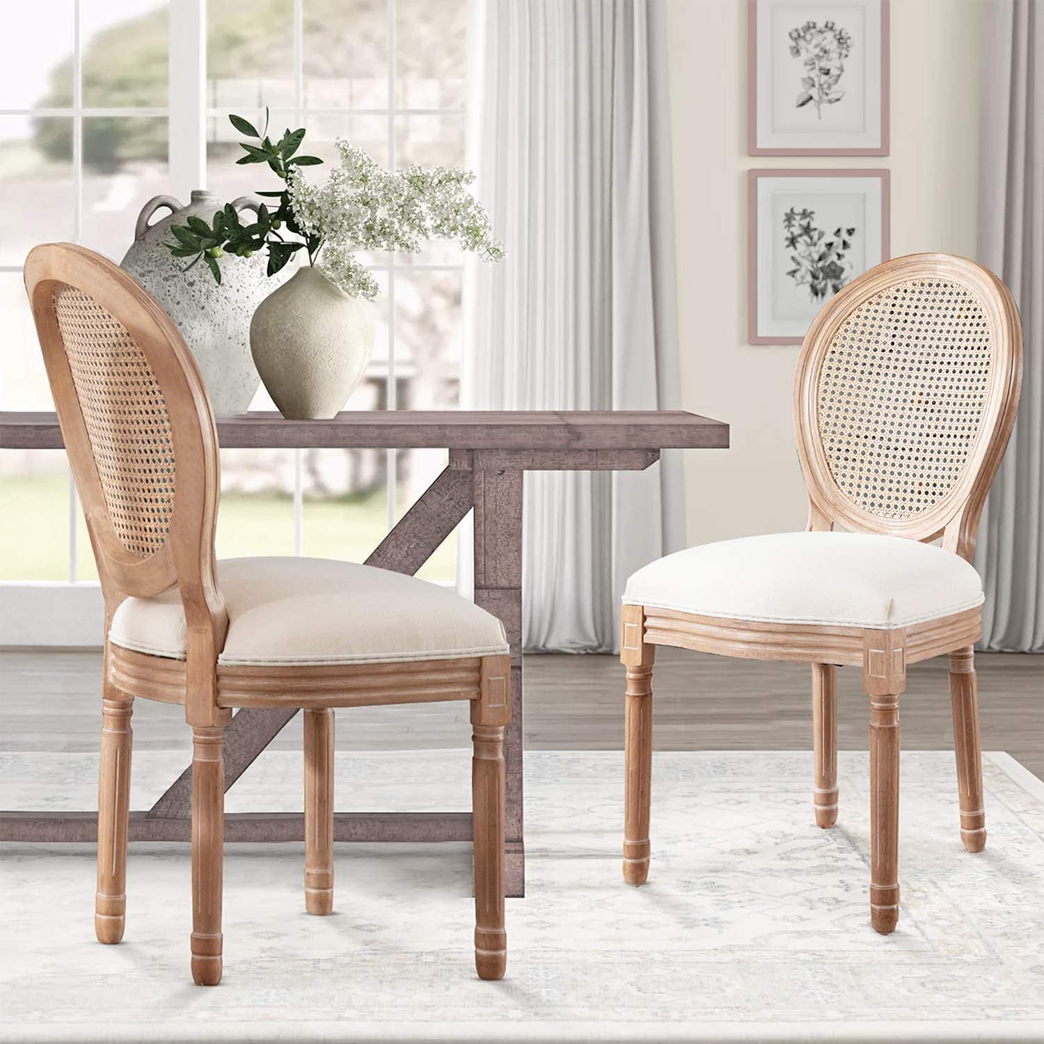 Nrizc French Country Dining Chairs Set of 4, Farmhouse Fabric Chairs with Round Back, Rattan Dining Chair, Oval Side Chairs for Dining Room/Living Room/Kitchen/Restaurant