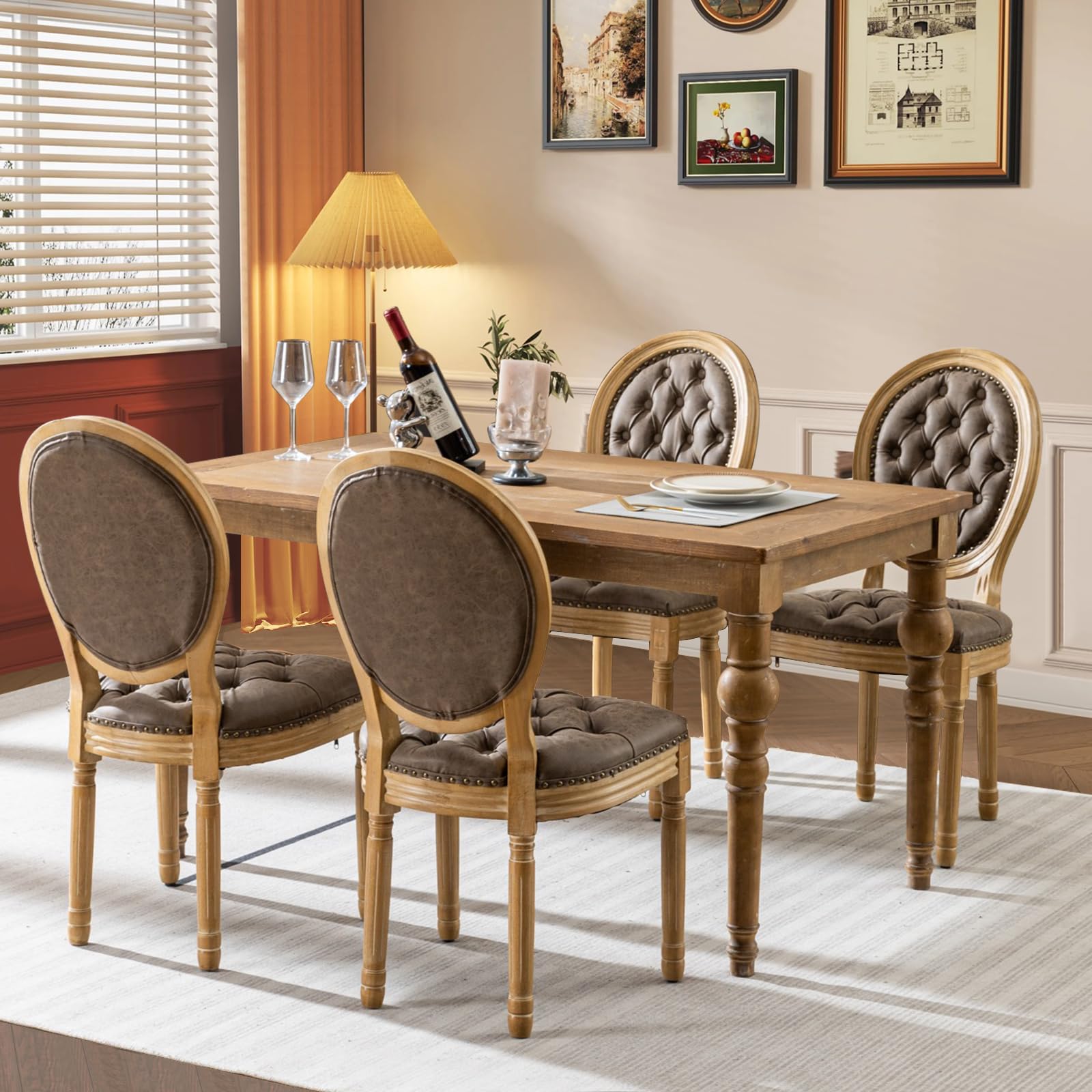 Rattan Back Upholstered Dining Chairs Set of 4 French Country Oval Kitchen Side Chairs with Wood Legs for Dining Room, Kitchen, Restaurant(Beige-Rattan)