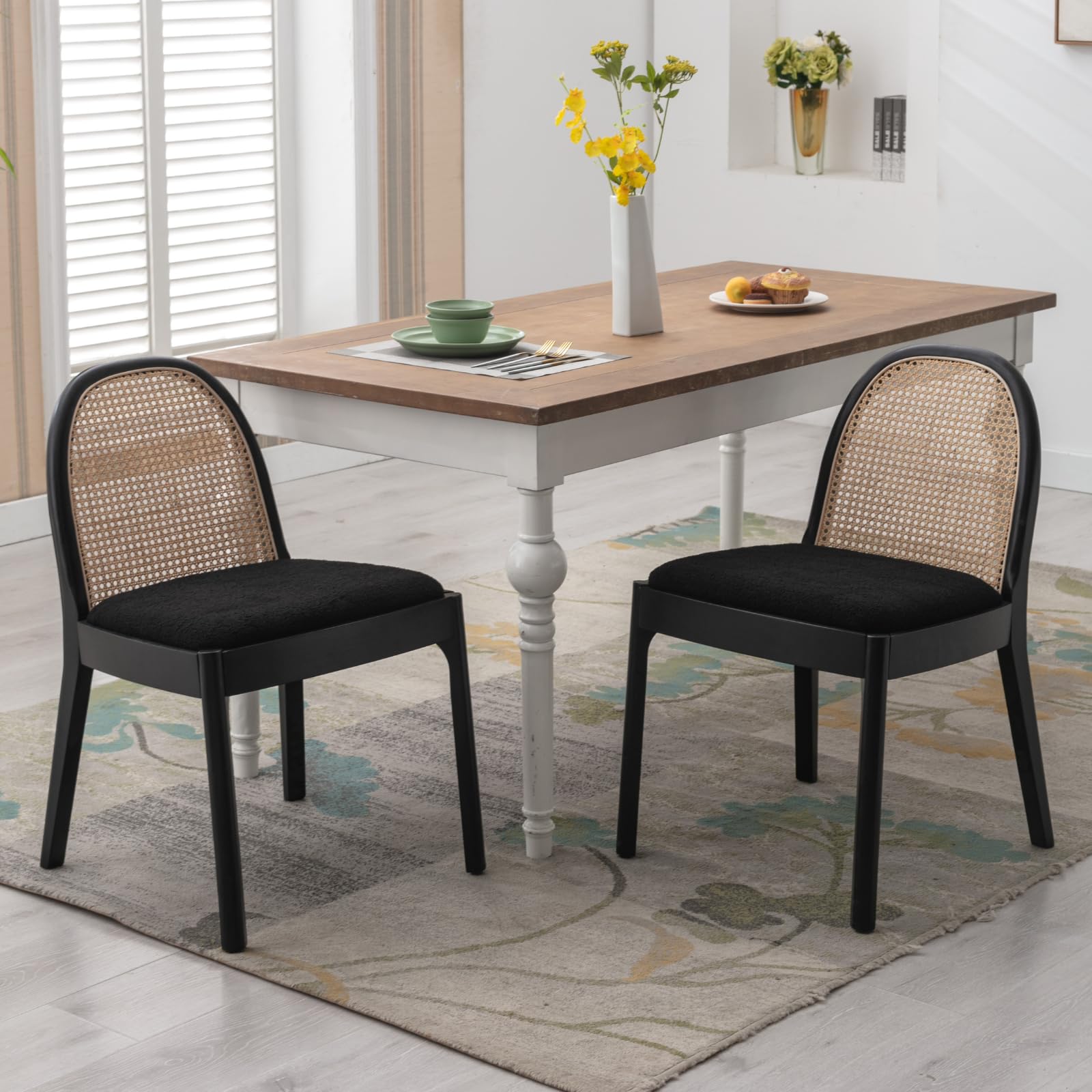 HEAH-YO Rattan Dining Chairs Set of 2, Upholstered Linen Dining Room Chairs with Backrests, Modern Kitchen Chairs with Wood Legs for Dining Room, Beige