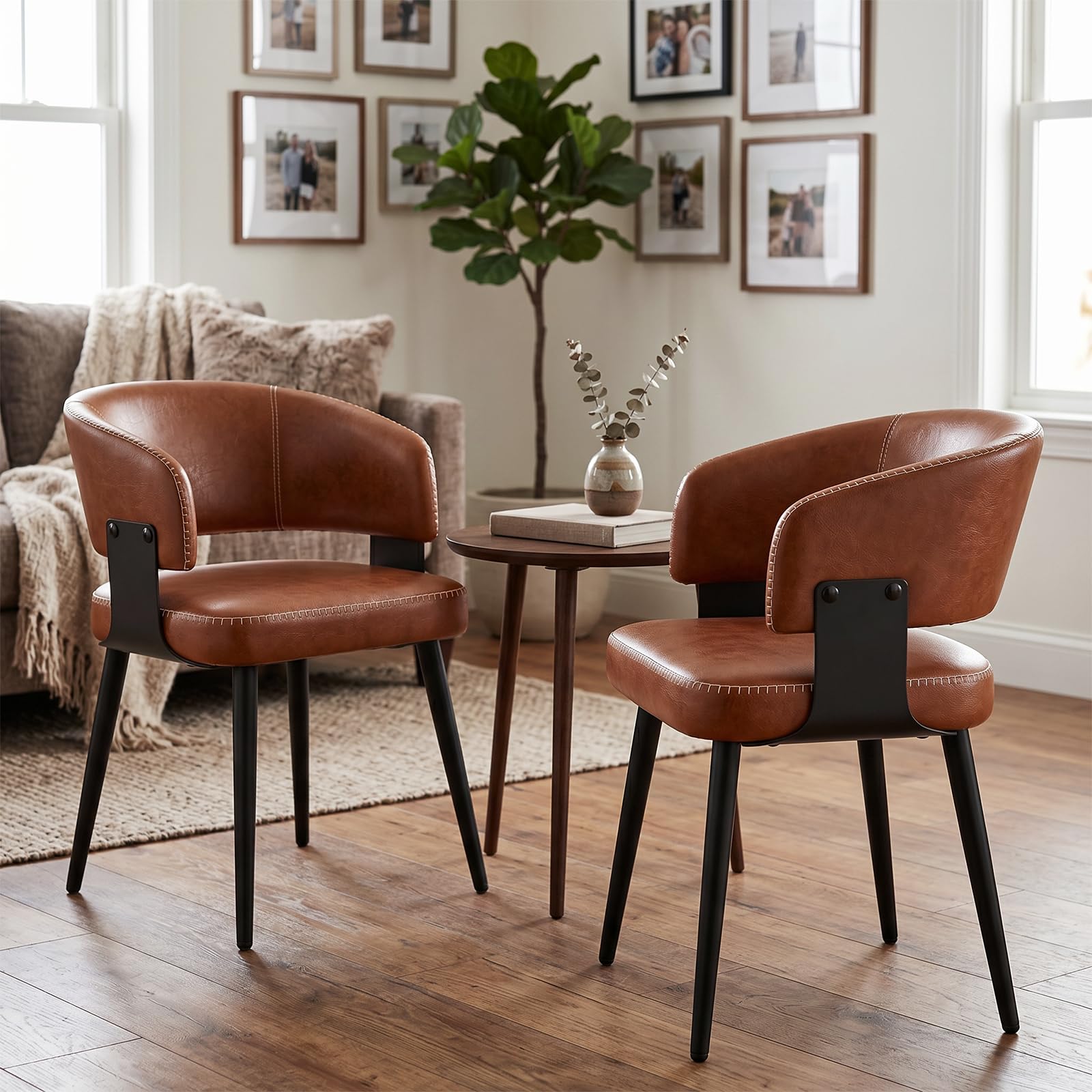 Dining Chairs Set of 4, Modern Upholstered PU Leather Kitchen & Dining Room Chairs with Curved Open Back Metal Legs, Kitchen Chairs for Dining Room Restaurant (Vintage Brown, Set of 4)