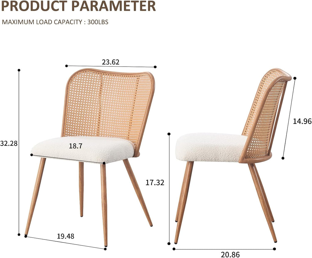 Rattan Dining Chairs Set of 4,Modern Chairs with Cane Back Upholstered Boucle Kitchen Chairs Armless Side Chair with Metal Legs for Dining Room/Living Room,Beige White