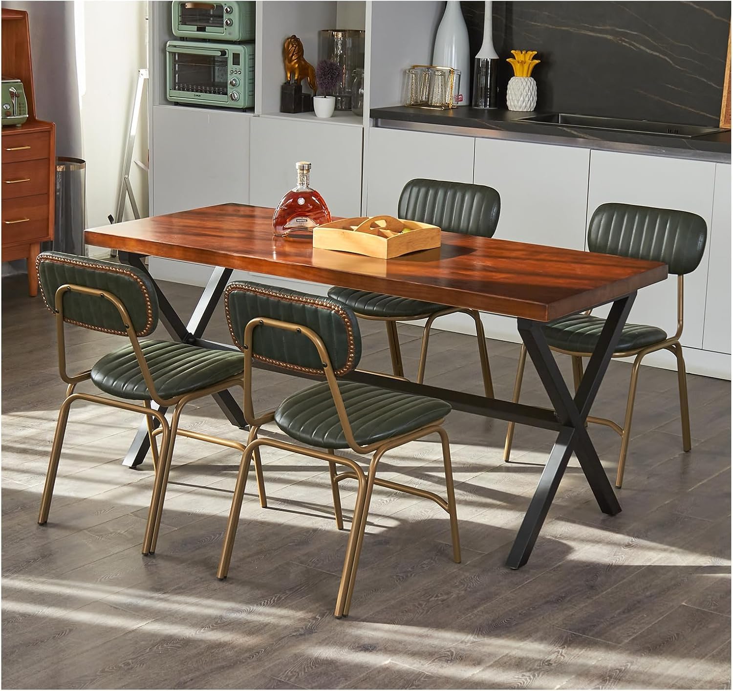 Mid Century Modern Dining Chairs Set of 2, Retro Chair with Faux Leather Upholstered Seat & Solid Wood Backrests & Vintage Distressing Metal Legs & Leg Protectors for Kitchen Dining Room (Dark Green)
