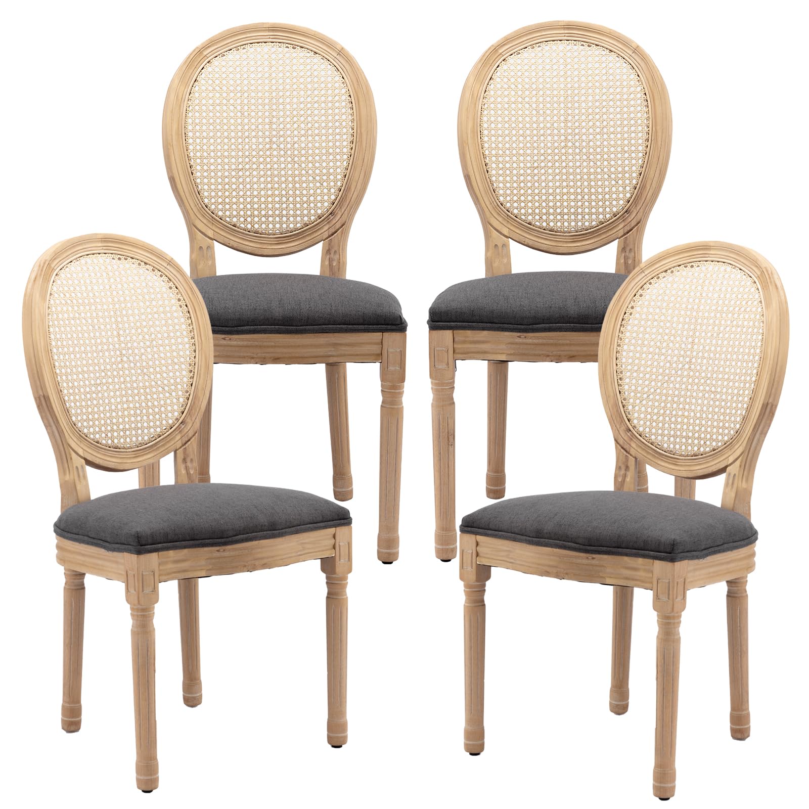 French Country Dining Chairs Set of 4，Fabric Upholstered Dining Chair with Round Back and Solid Leg, Rattan Kitchen Chairs for Dining Room, Living Room, Kitchen, Olive Green