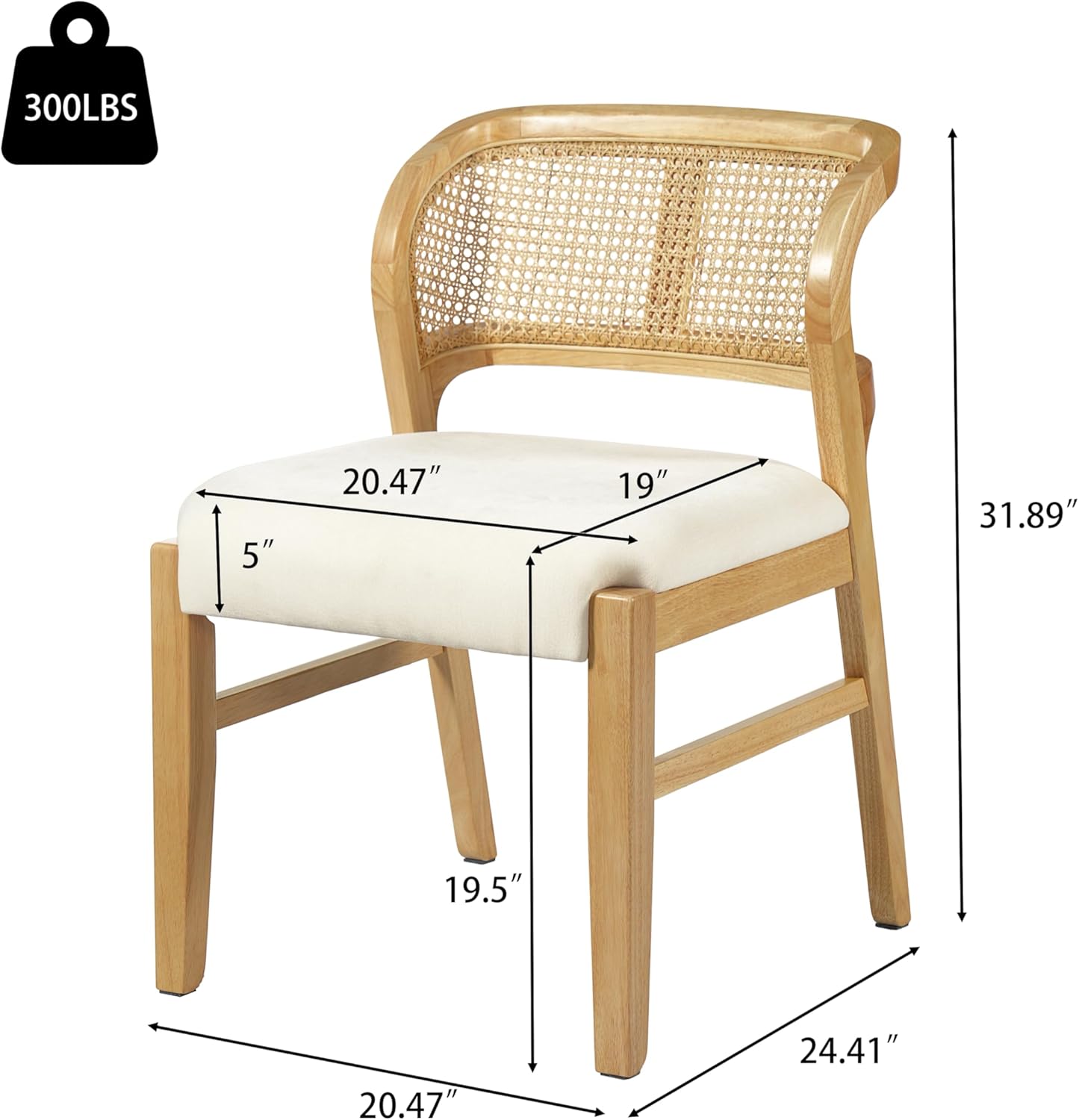 Christopher Knight Home Cayde Upholstered Dining Chairs Set of 2, Kitchen Side Chair with Cane Backrest, Rubberwood Dining Room Chair, Extra Seat for Living Room, Natural+Beige