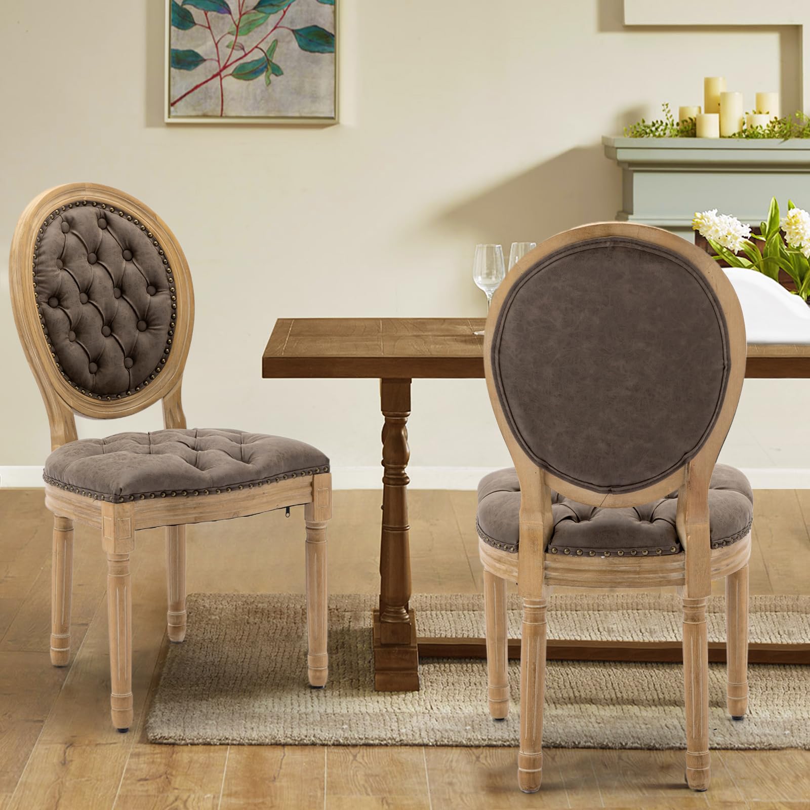 Rattan Back Upholstered Dining Chairs Set of 4 French Country Oval Kitchen Side Chairs with Wood Legs for Dining Room, Kitchen, Restaurant(Beige-Rattan)