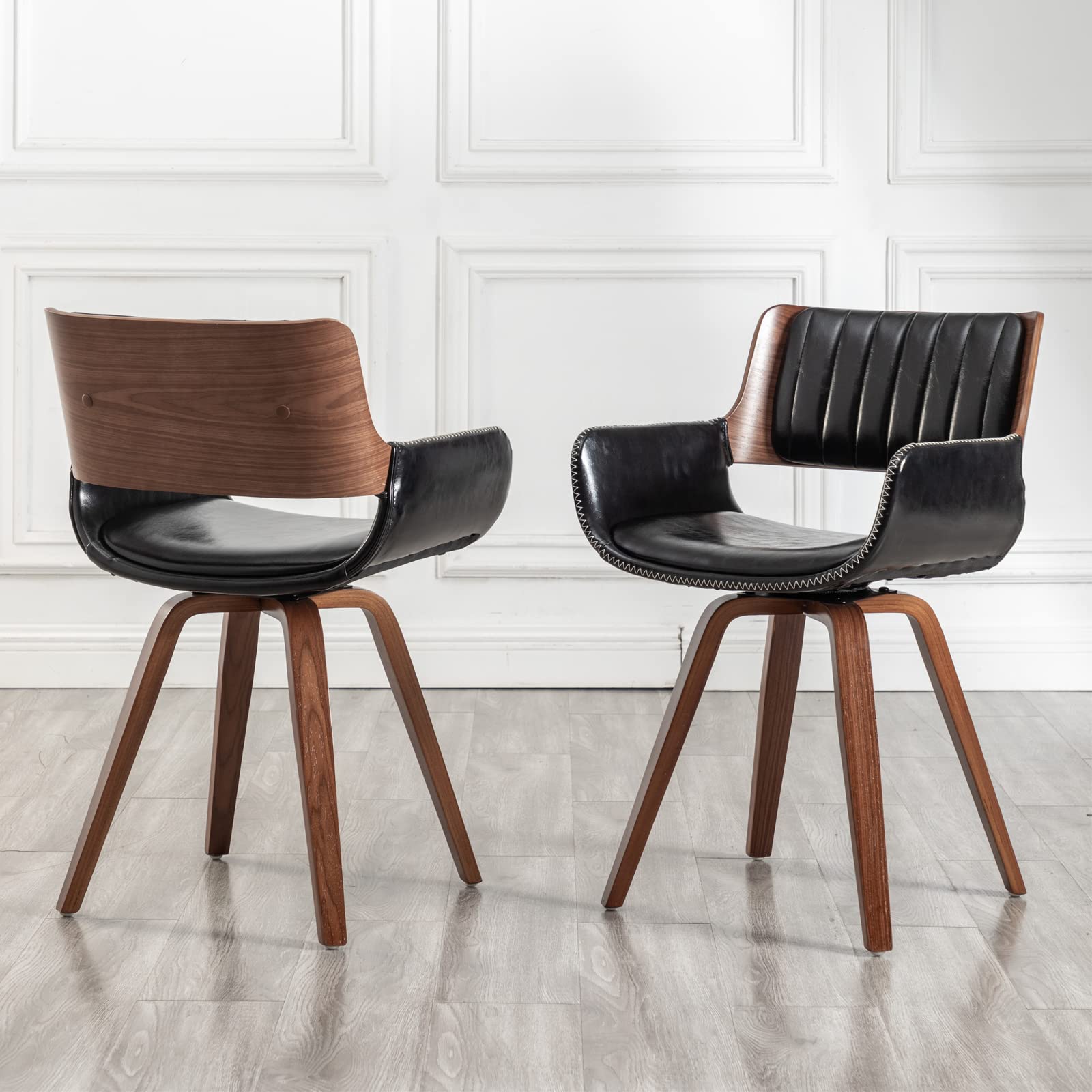 LUNLING Swivel Accent Faux Leather Dining Chairs, Mid Century Modern Chairs with Wooden Legs/Armrest/Upholstered Seat/Adjustable Foots for Kitchen Dining Room Desk Chairs,Green,1PCS