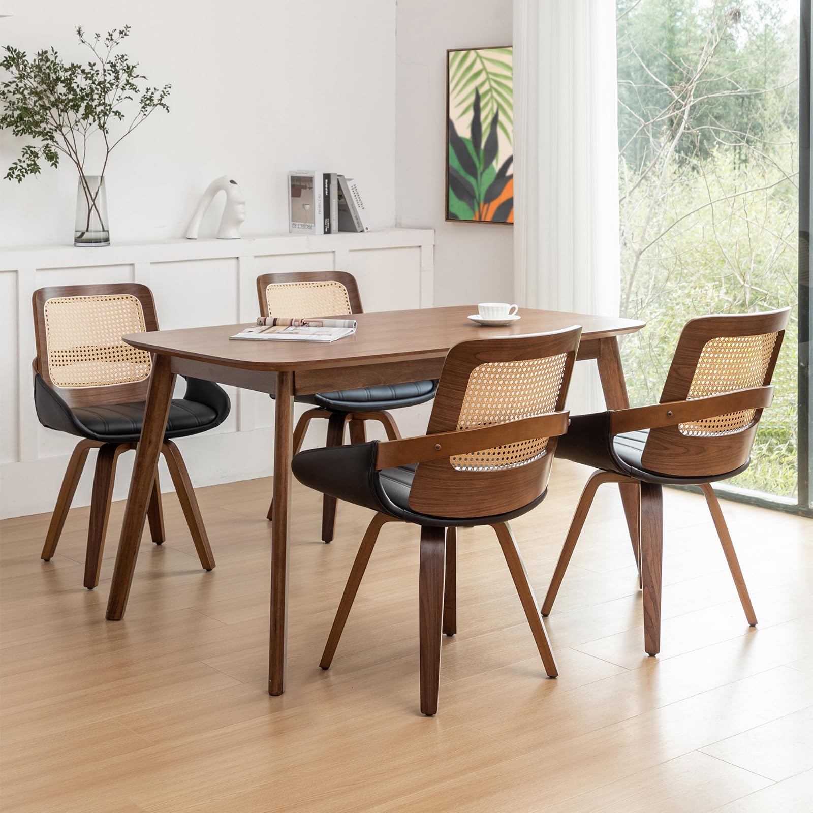 Set of 2 Green Rattan Dining Chairs - Mid Century Modern Dining Chairs with Walnut Bentwood Frame, Ergonomic Rattan Back, Curved Arms, Versatile for Living Room/Conference/Kitchen (Walnut Green)