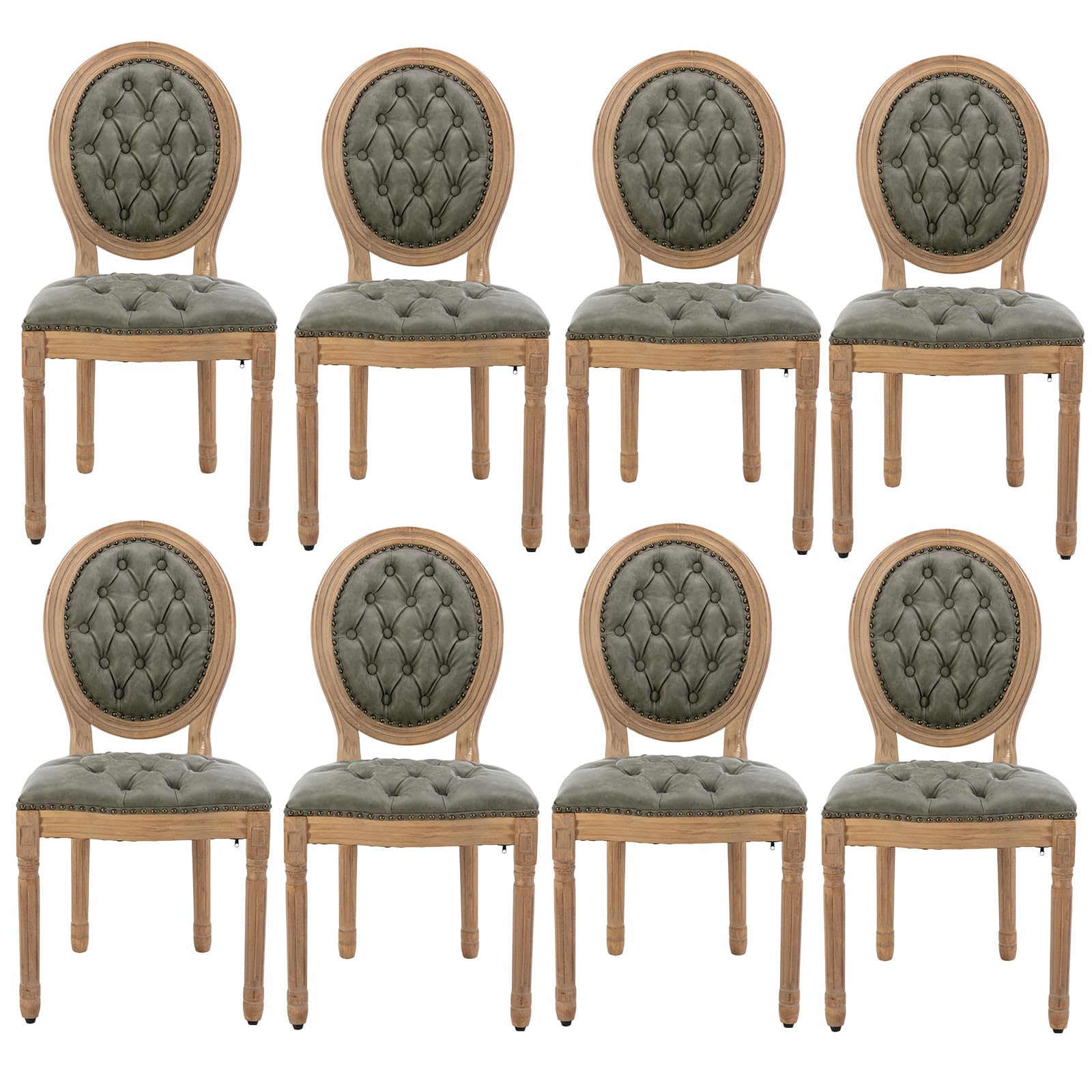 French Country Dining Chairs Set of 4，Fabric Upholstered Dining Chair with Round Back and Solid Leg, Rattan Kitchen Chairs for Dining Room, Living Room, Kitchen, Olive Green