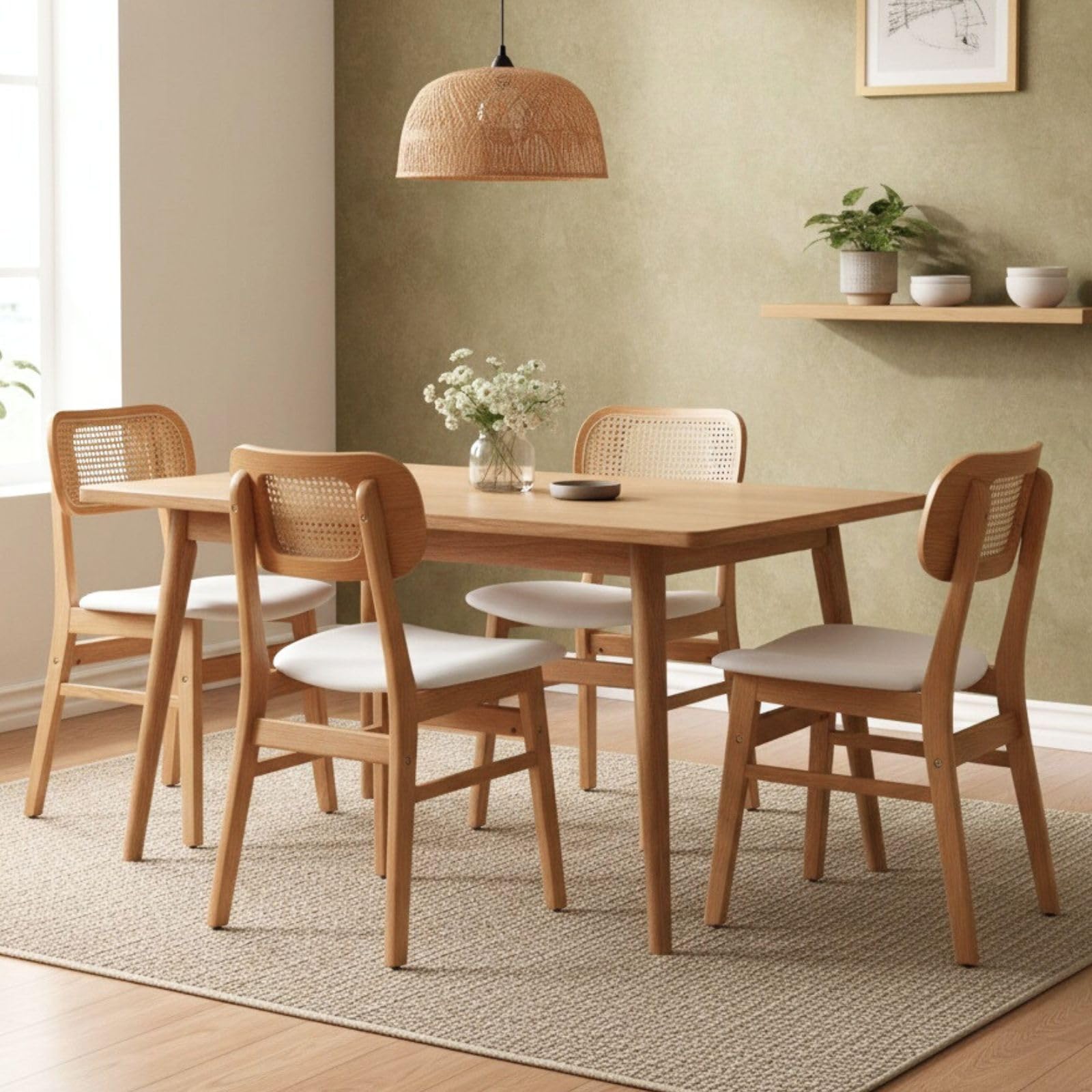 ROCITY Rattan Dining Chairs Set of 2 White Faux Leather Dining Room Chairs Natural Wooden Kitchen Chairs Farmhouse Side Chairs