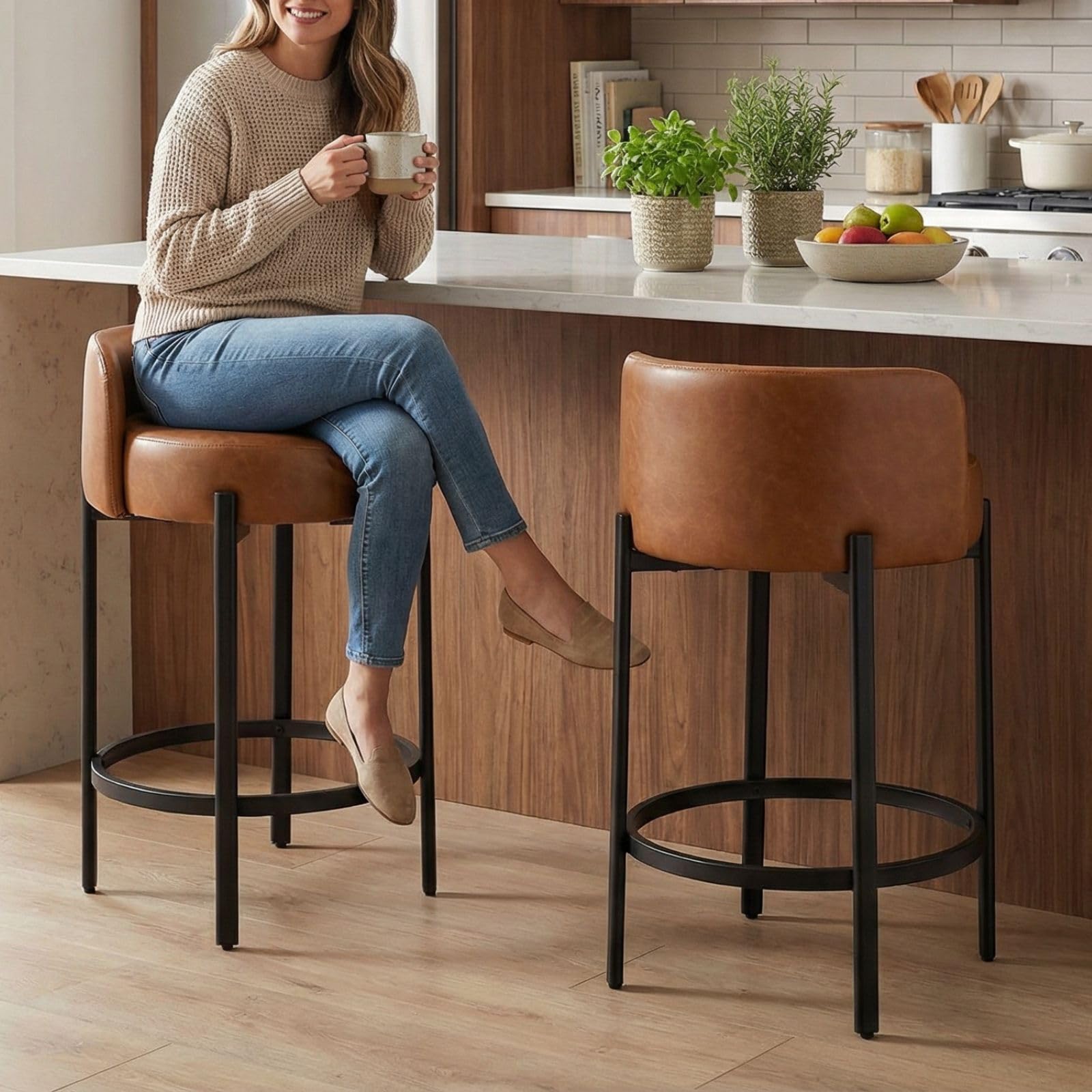 LukeAlon Mid Century Linen Counter Stools Set of 4, Upholstered 26.5” Seat Height Low Barstools with Natural Wood Legs Round Low Back Kitchen Stools with Footrest for Dining Room, Beige