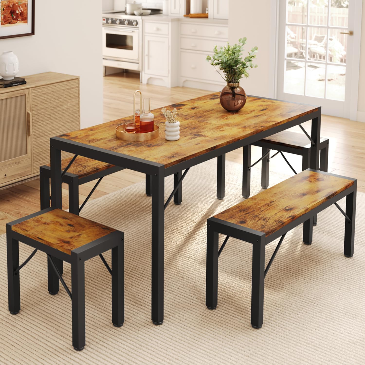 Gizoon 45.5" Dining Table Set for 4 with 2 Benches, Kitchen Table Set with Metal Frame & MDF Board, Space-Saving Dinette for Kitchen, Dining Room -Black
