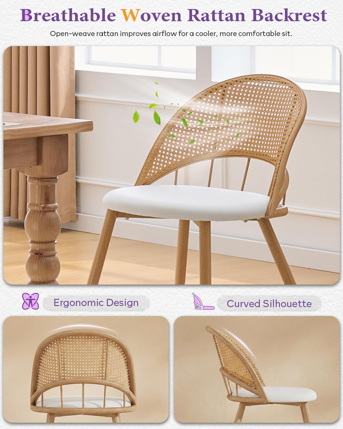 TYBOATLE Rattan Dinner Chairs Set of 4 with Faux Leather Cushion, Modern Dining Room Chairs w/Adjustable Foot Pads, Kitchen Boho Chairs Mid Century Upholstered, White