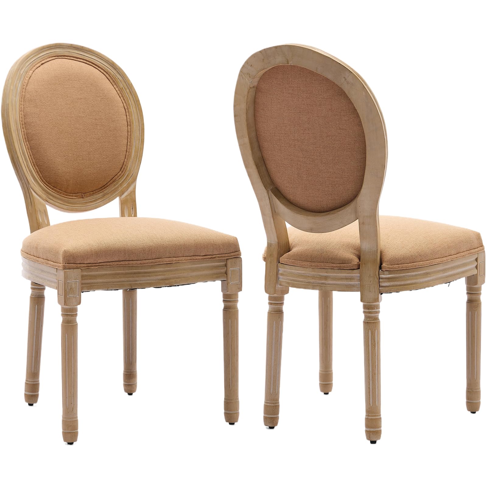 Vintage French Rattan Dining Chairs Set of 4, Solid Wood Frame with Round Rattan Back and Linen Upholstered Seat, Farmhouse Accent Sillas de Comedor Side Chairs for Dining Room & Kitchen, Beige