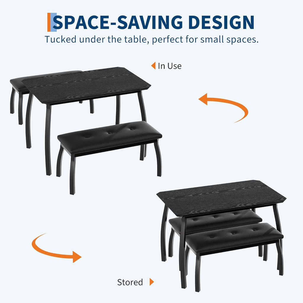 Garvee Dining Table for 4, 3-Piece Kitchen Table Set with Wooden Tabletop and Metal Frame, Industrial Retro Kitchen Table with 2 PU Leather Benches for Bar, Dining Room, Restaurant-Black