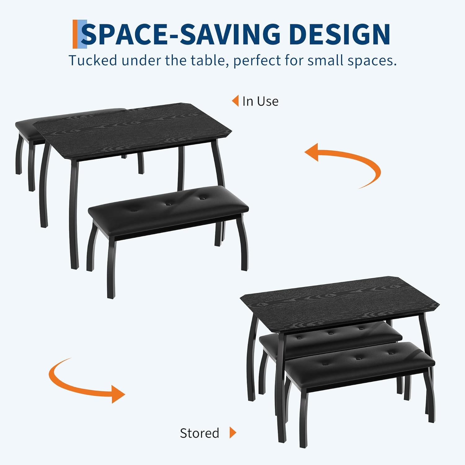 Garvee Dining Table for 4, 3-Piece Kitchen Table Set with Wooden Tabletop and Metal Frame, Industrial Retro Kitchen Table with 2 PU Leather Benches for Bar, Dining Room, Restaurant-Black