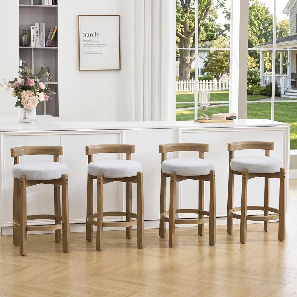 HEAH-YO Mid Century Modern Bar Stools Set of 4, 26.5" Counter Stools with Back, Linen Upholstered Barstools with Solid Wood Legs Bar Chairs for Kitchen Island Dining Room, Light Grey