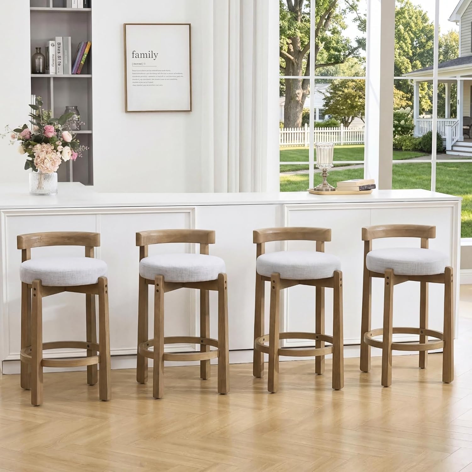 HEAH-YO Mid Century Modern Bar Stools Set of 4, 26.5" Counter Stools with Back, Linen Upholstered Barstools with Solid Wood Legs Bar Chairs for Kitchen Island Dining Room, Light Grey